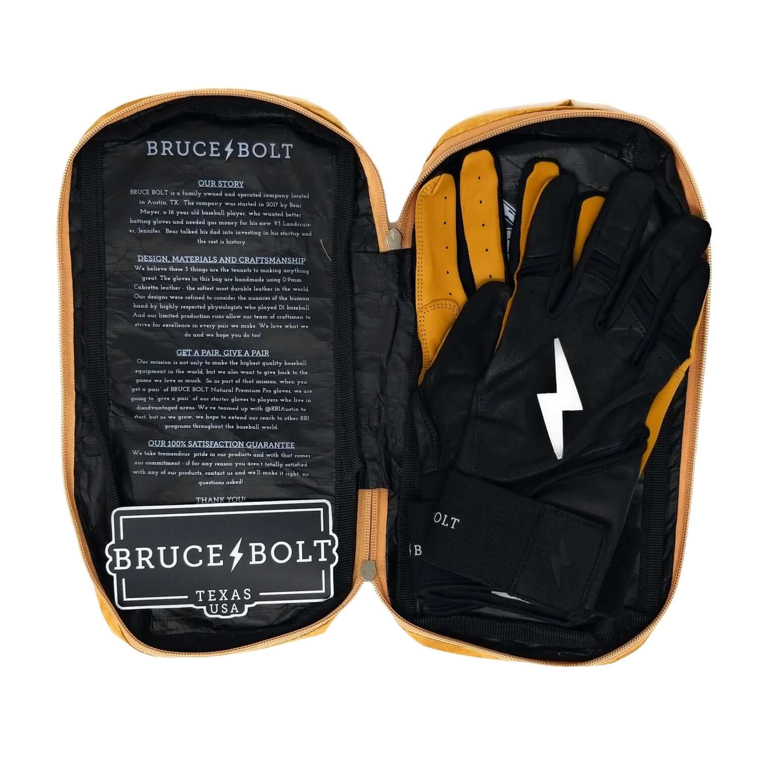 Bruce Bolt Youth Premium Pro Long Cuff Batting Gloves in packaging, showing gloves and product information.