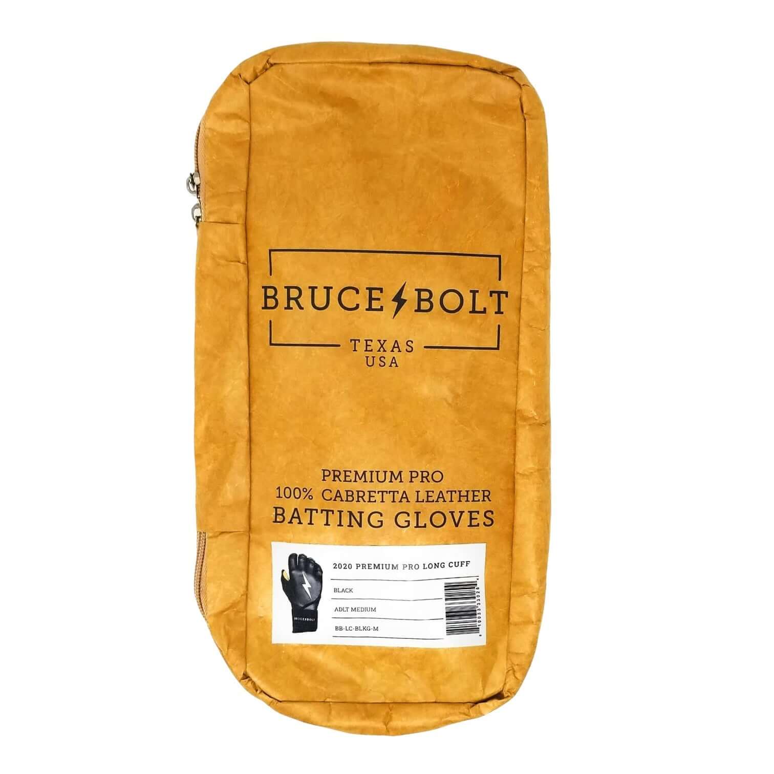 Packaging of Bruce Bolt Premium Pro Long Cuff Batting Gloves in Cabretta leather, showcasing brand and product details.