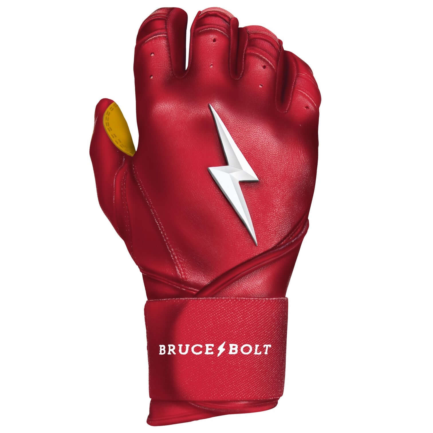 Bruce Bolt Youth Premium Pro Long Cuff Batting Gloves in Red with lightning logo and high-quality leather design.