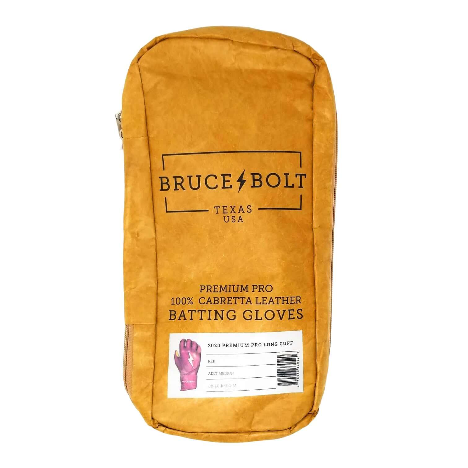 Bruce Bolt Premium Pro Long Cuff Batting Gloves packaging showcasing high-quality Cabretta leather, Texas USA.