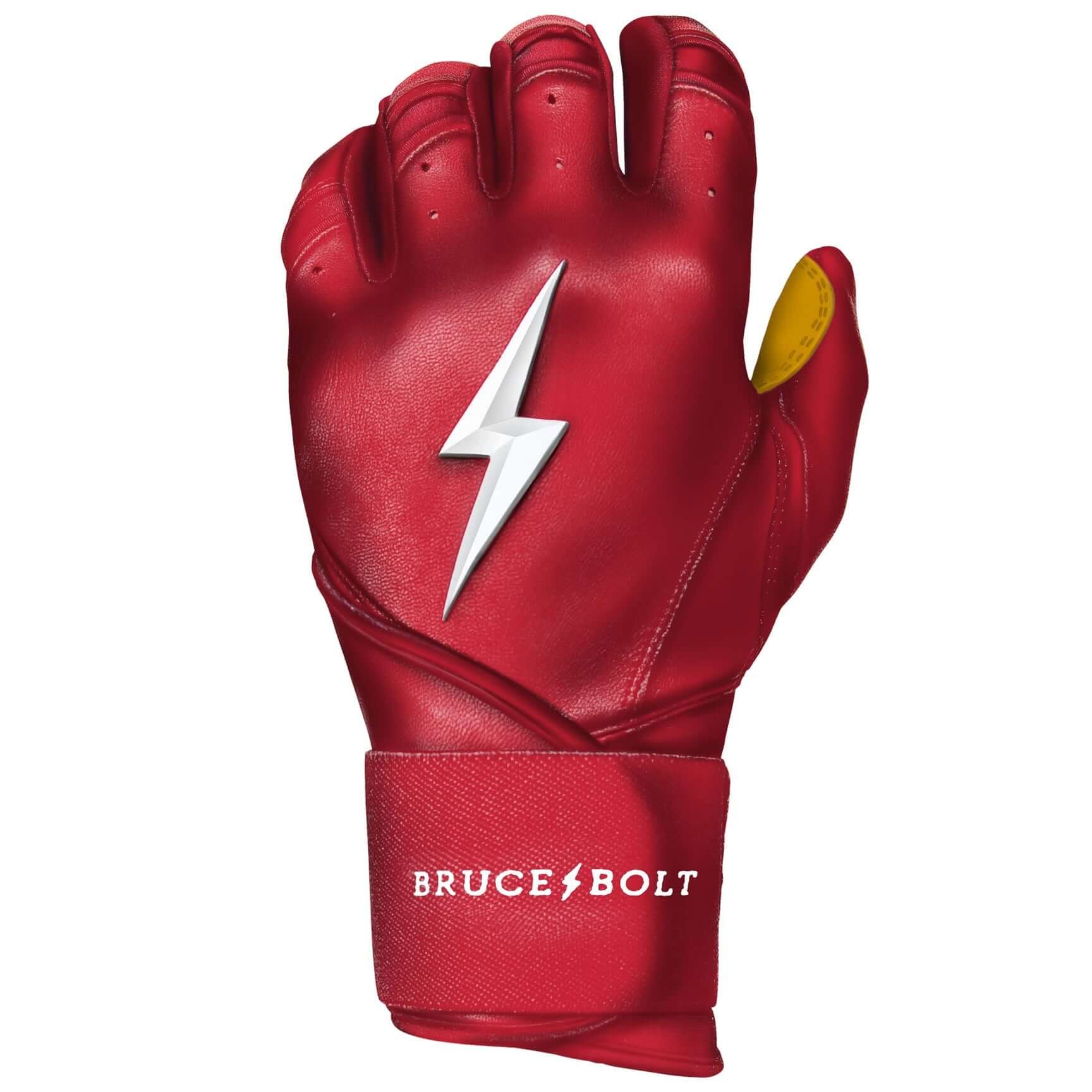 Bruce Bolt Premium Pro Long Cuff Batting Gloves Red, made with durable 0.9mm Cabretta leather.