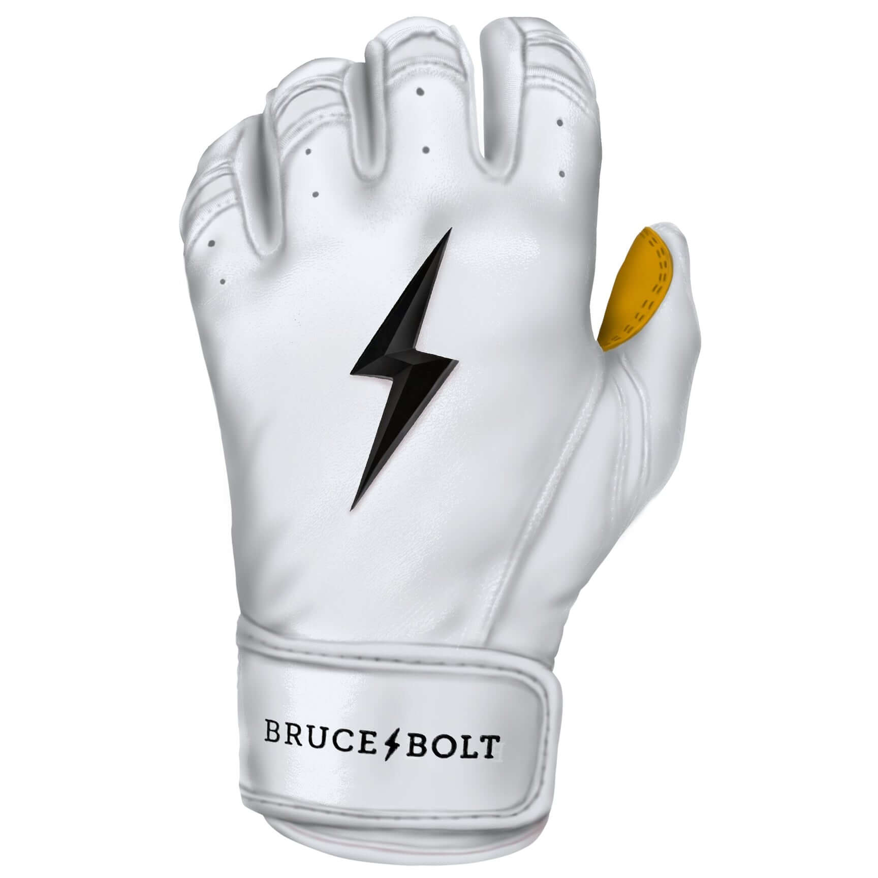 Bruce Bolt Youth Premium Pro Short Cuff Batting Gloves in White showcasing durable Cabretta leather and stylish design.