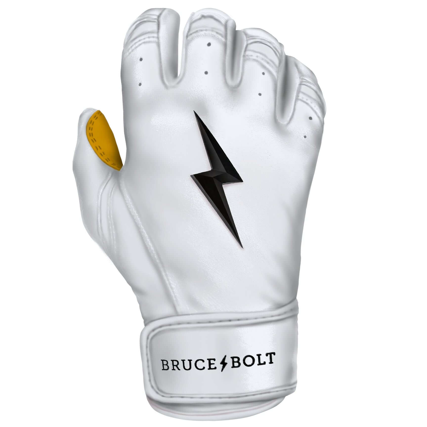 Bruce Bolt youth premium pro short cuff batting glove in white with lightning logo and reinforced palm for durability.