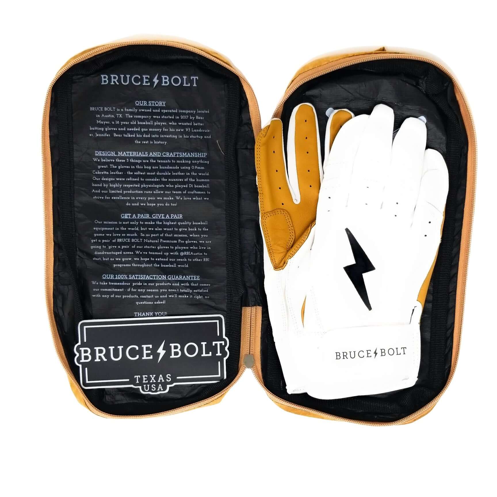 Handcrafted Bruce Bolt youth batting gloves in a case, showcasing premium Cabretta leather and superior stitching quality.