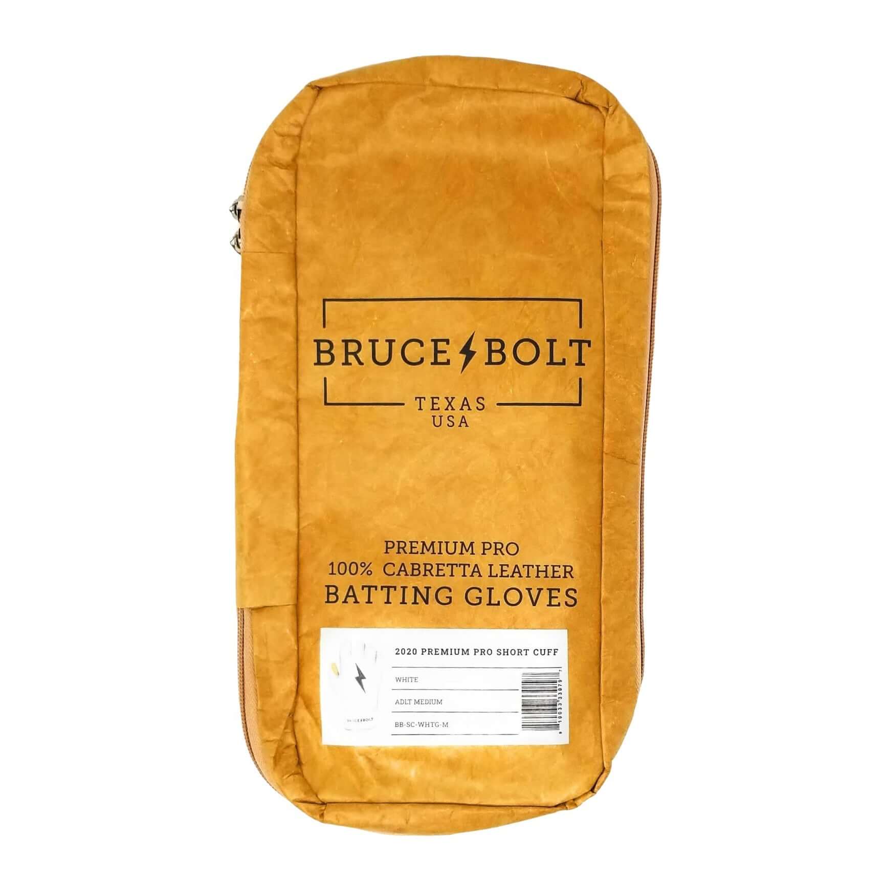 BRUCE BOLT Premium Pro Short Cuff Batting Gloves packaging, made from 100% Cabretta leather, designed for superior performance.