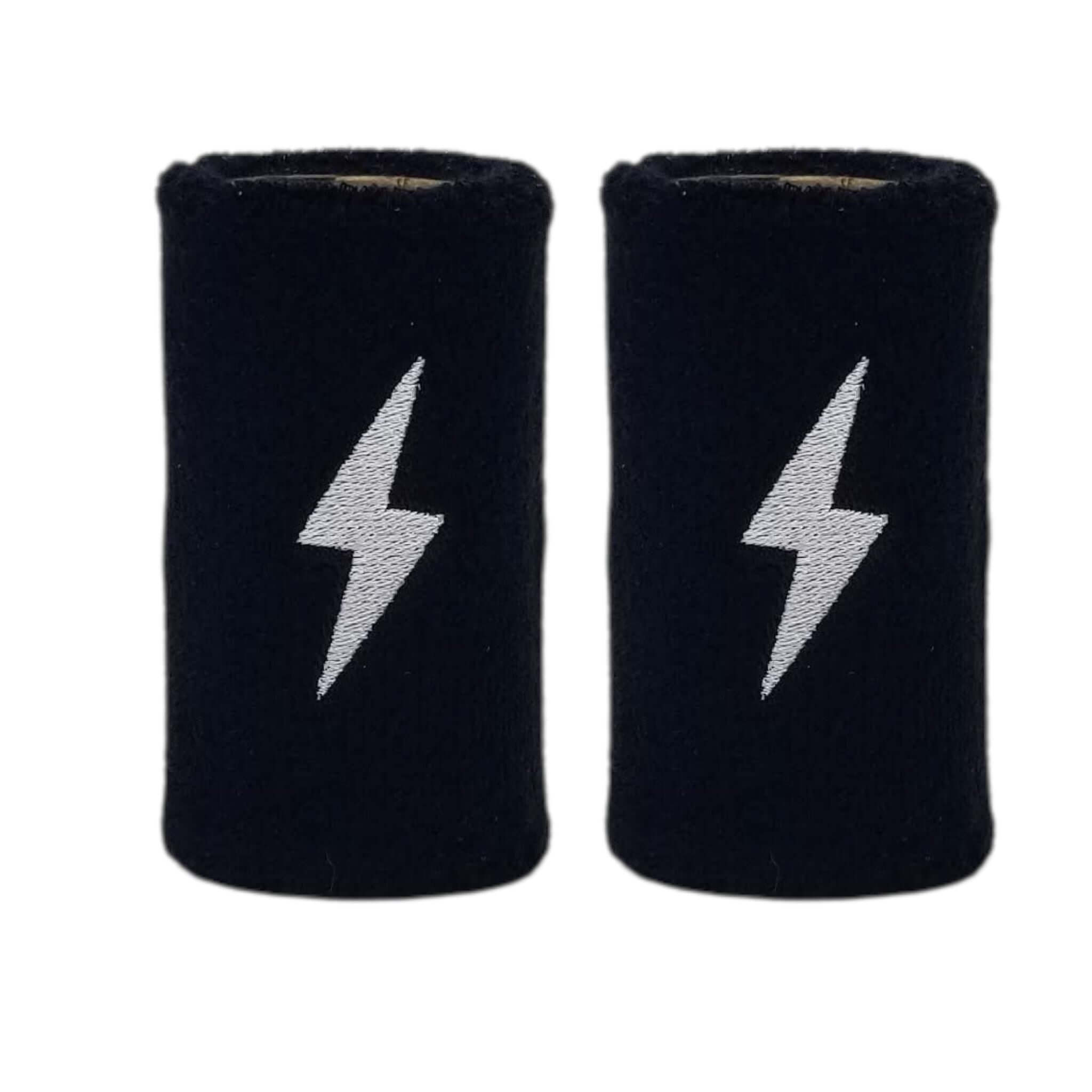 Bruce Bolt Premium Pro Wrist Bands in black with silver lightning bolt design, made from super-soft terry cloth for sweat absorption.