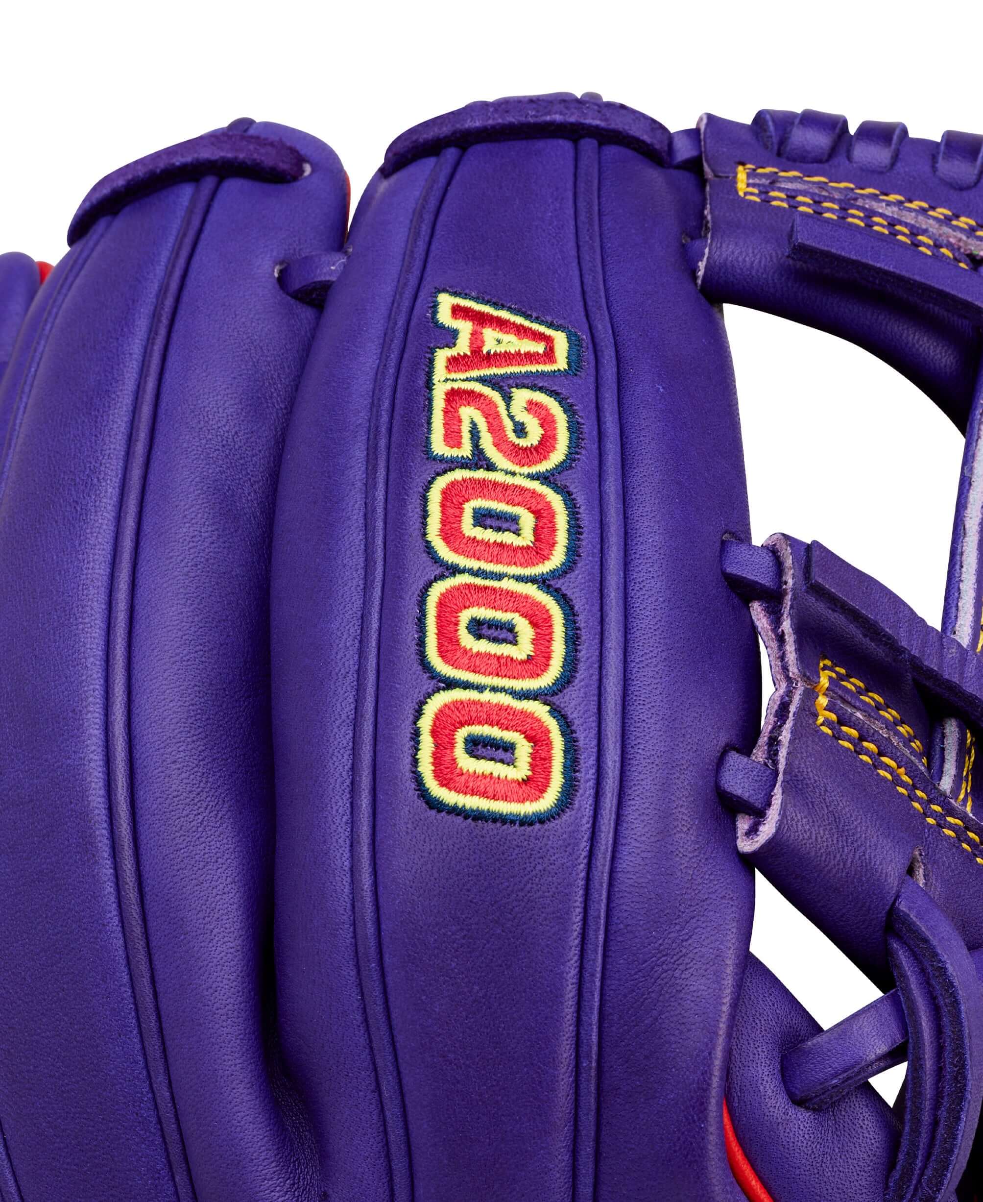 Close-up of Wilson Ground Ball Grape A2000 1786 11.5" Infield Baseball Glove backhand with yellow stitching