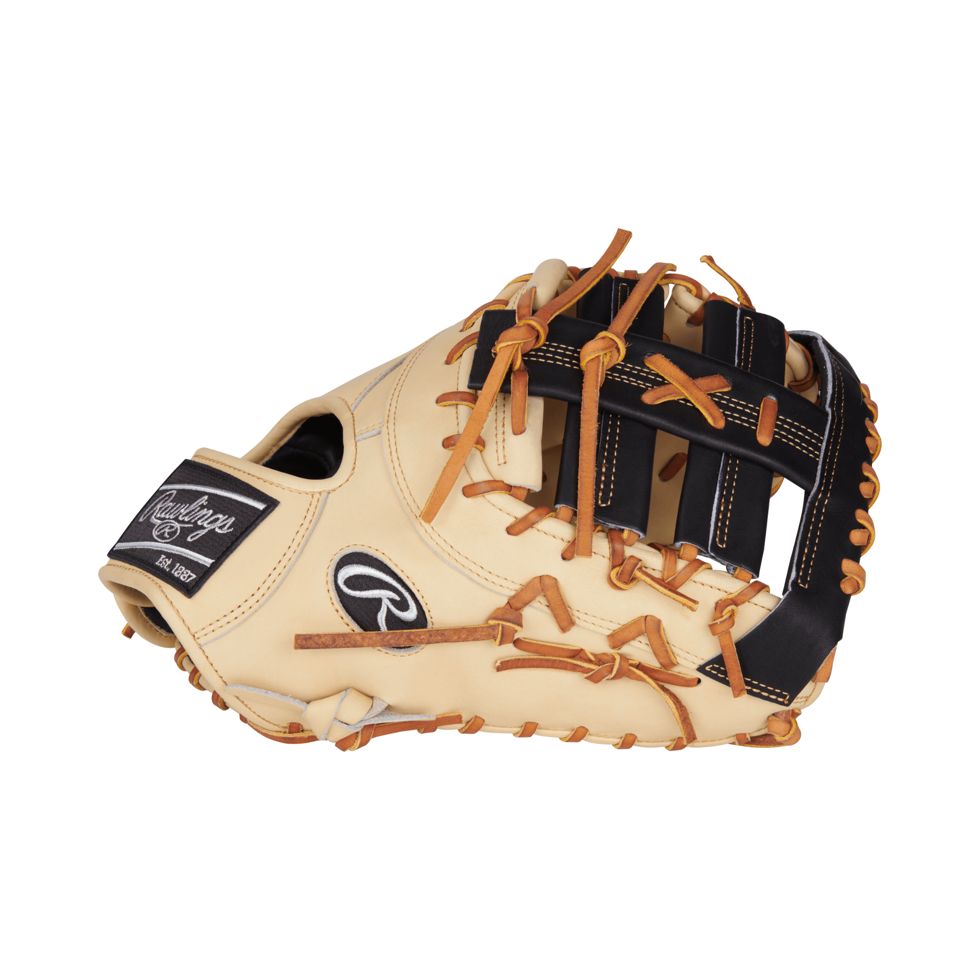 Rawlings Heart Of The Hide 13" First Base Mitt in camel and black with signature logo and intricate lacing design.