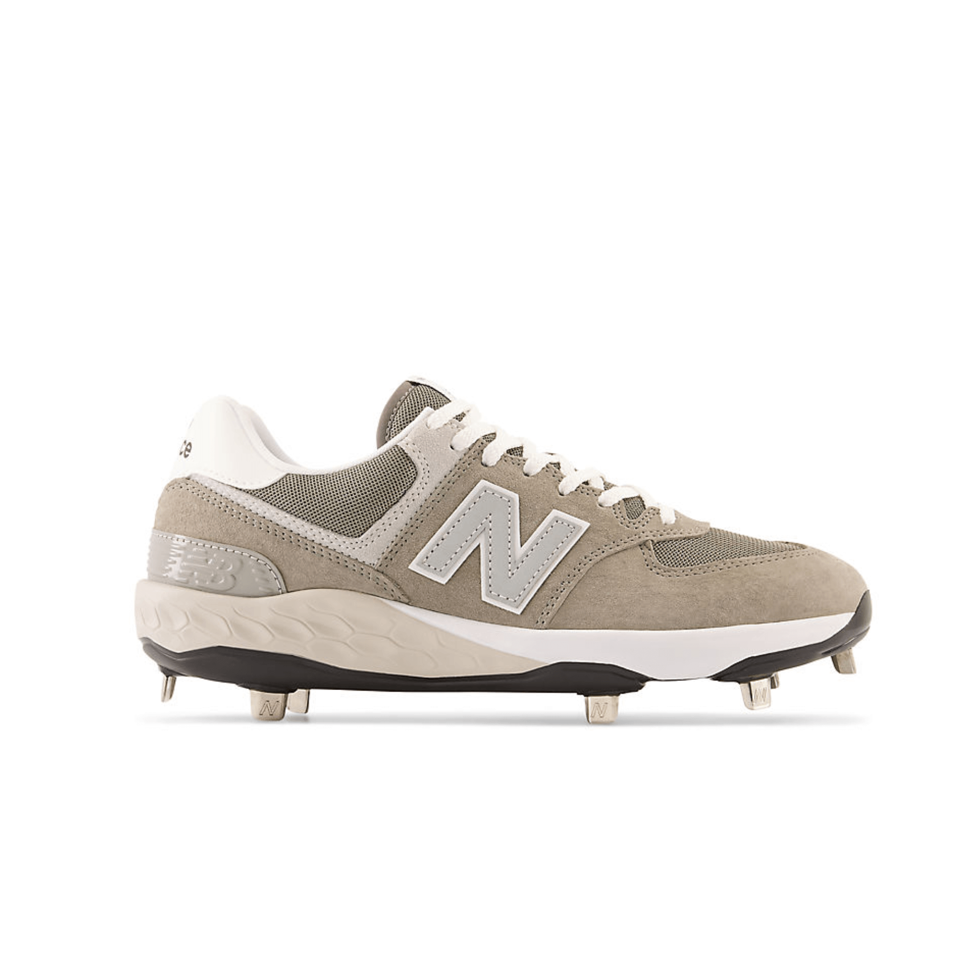 New Balance Fresh Foam 574 baseball cleat in light gray and white, featuring an 8-spike metal bottom for optimal performance.