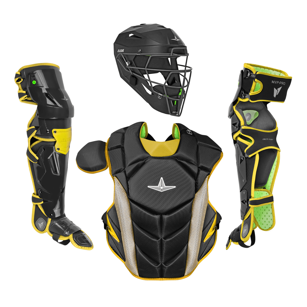 2027 All-Star MVP-Pro LT adult large catcher’s kit in black/gold – helmet, chest protector and leg guards