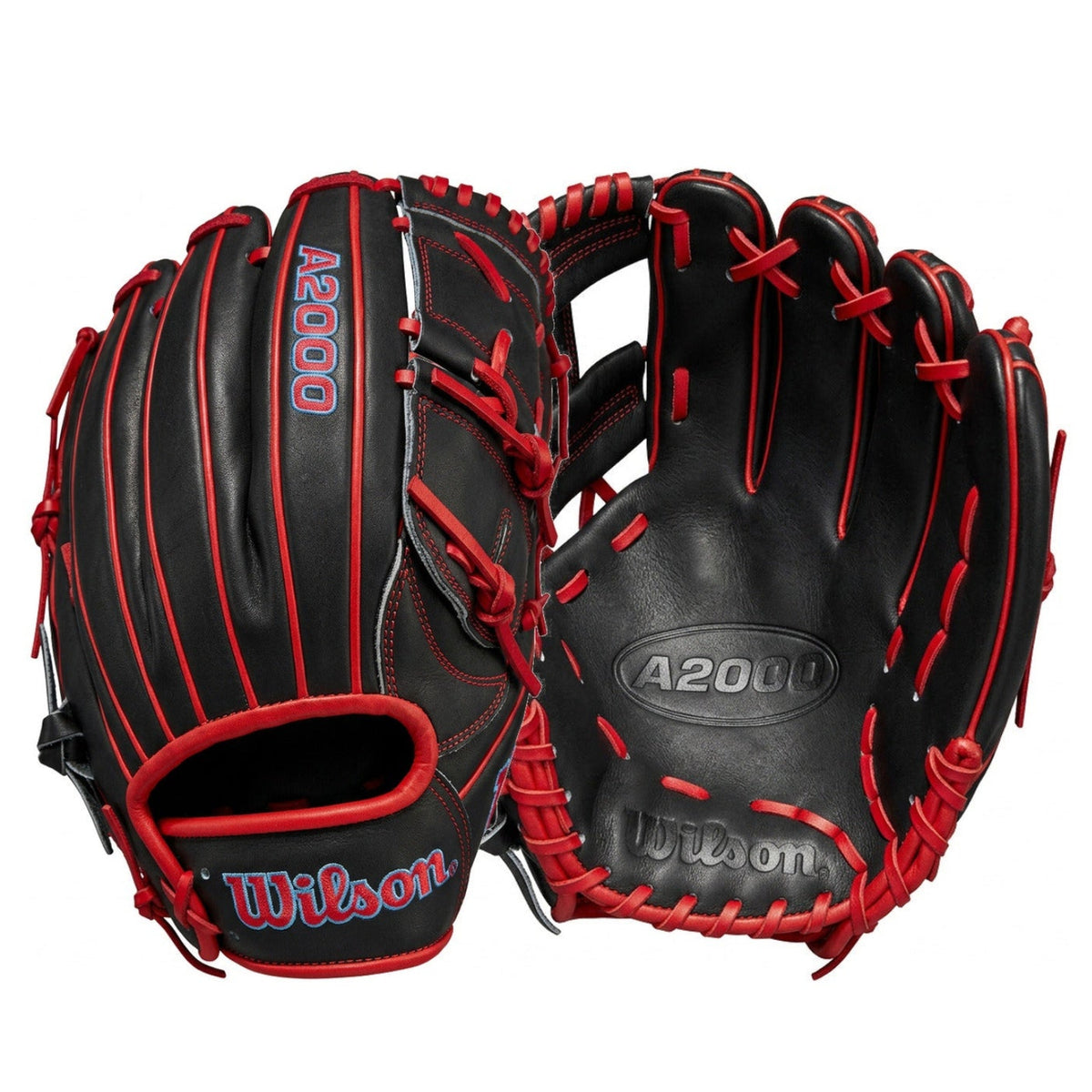 Back and palm of Wilson November 2026 GOTM Cristopher Sanchez CS61 12-inch RHT baseball glove, black with red laces