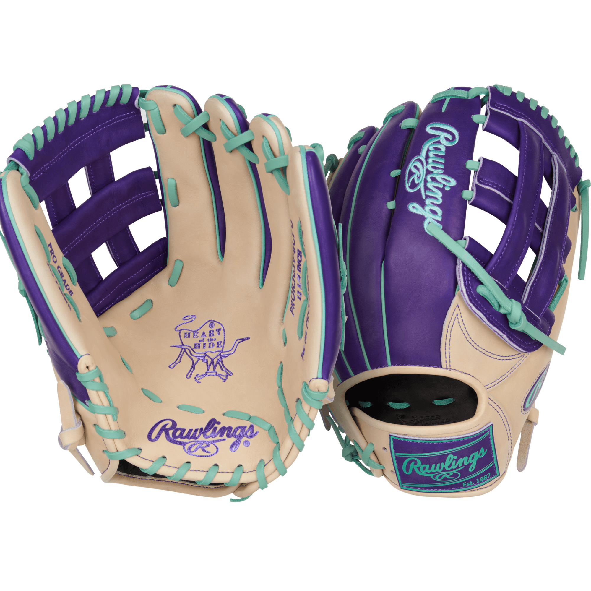 Palm  and back perspective of the Rawlings 12.75" glove showcasing the Pro-H web, deep pocket, and detailed purple stitching.