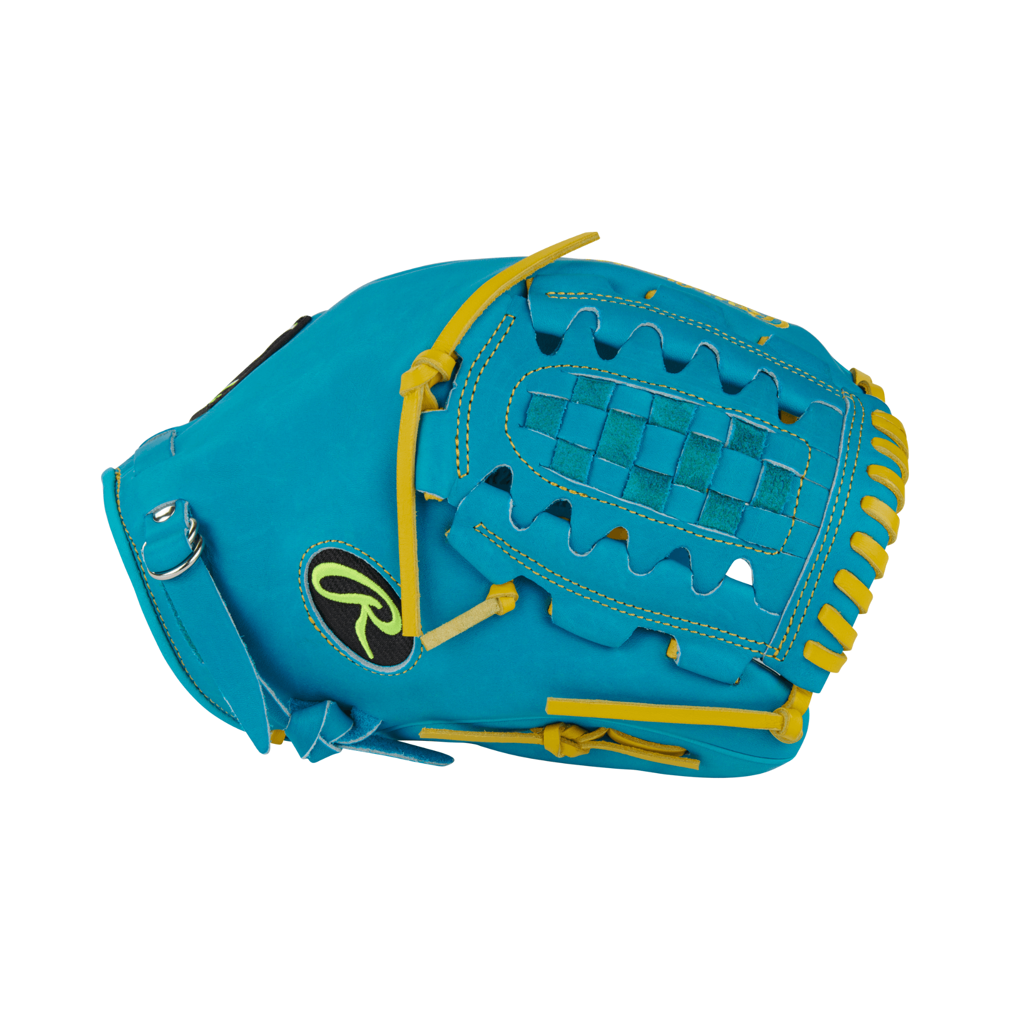 Close-up of the left side and thumb of the glove highlighting vibrant yellow laces and secure web design