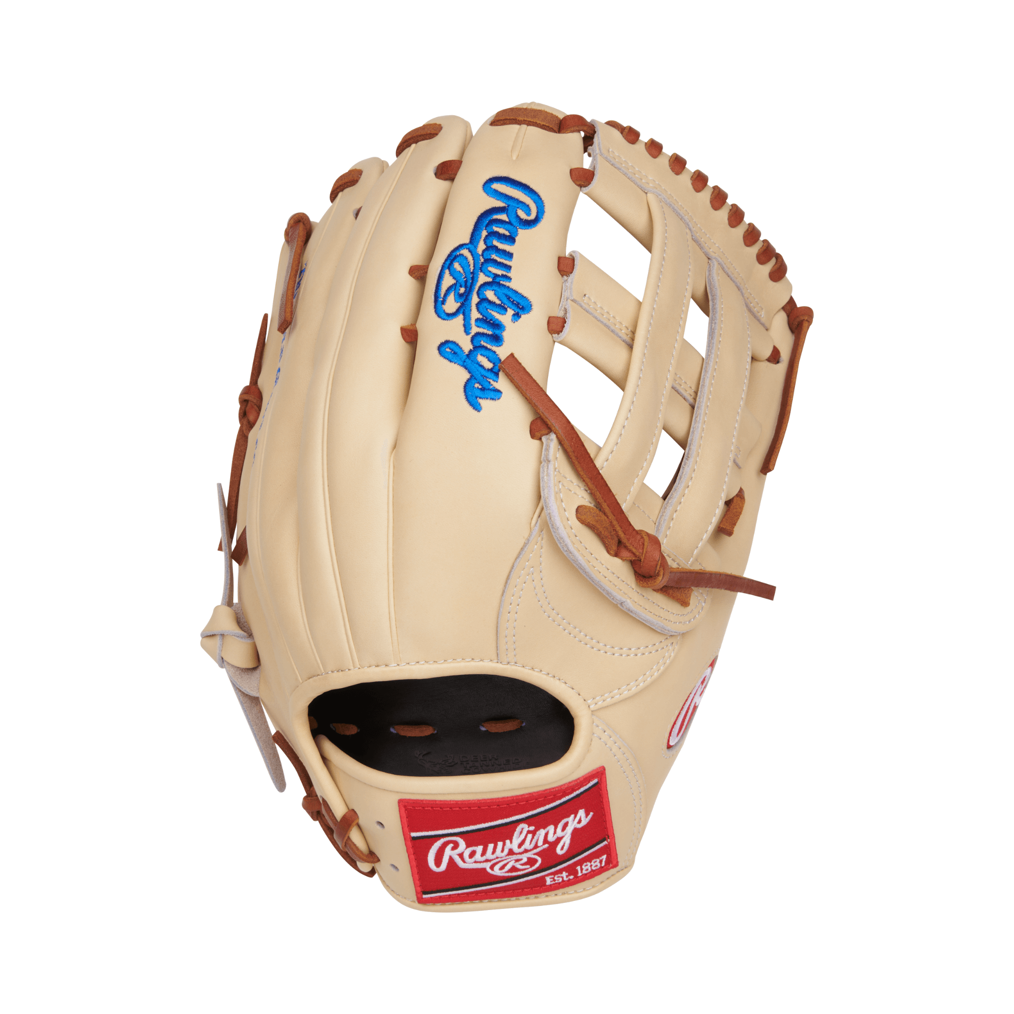 Rawlings Heart of the Hide 12.75" glove in camel leather, featuring blue and red details, perfect for outfield play.