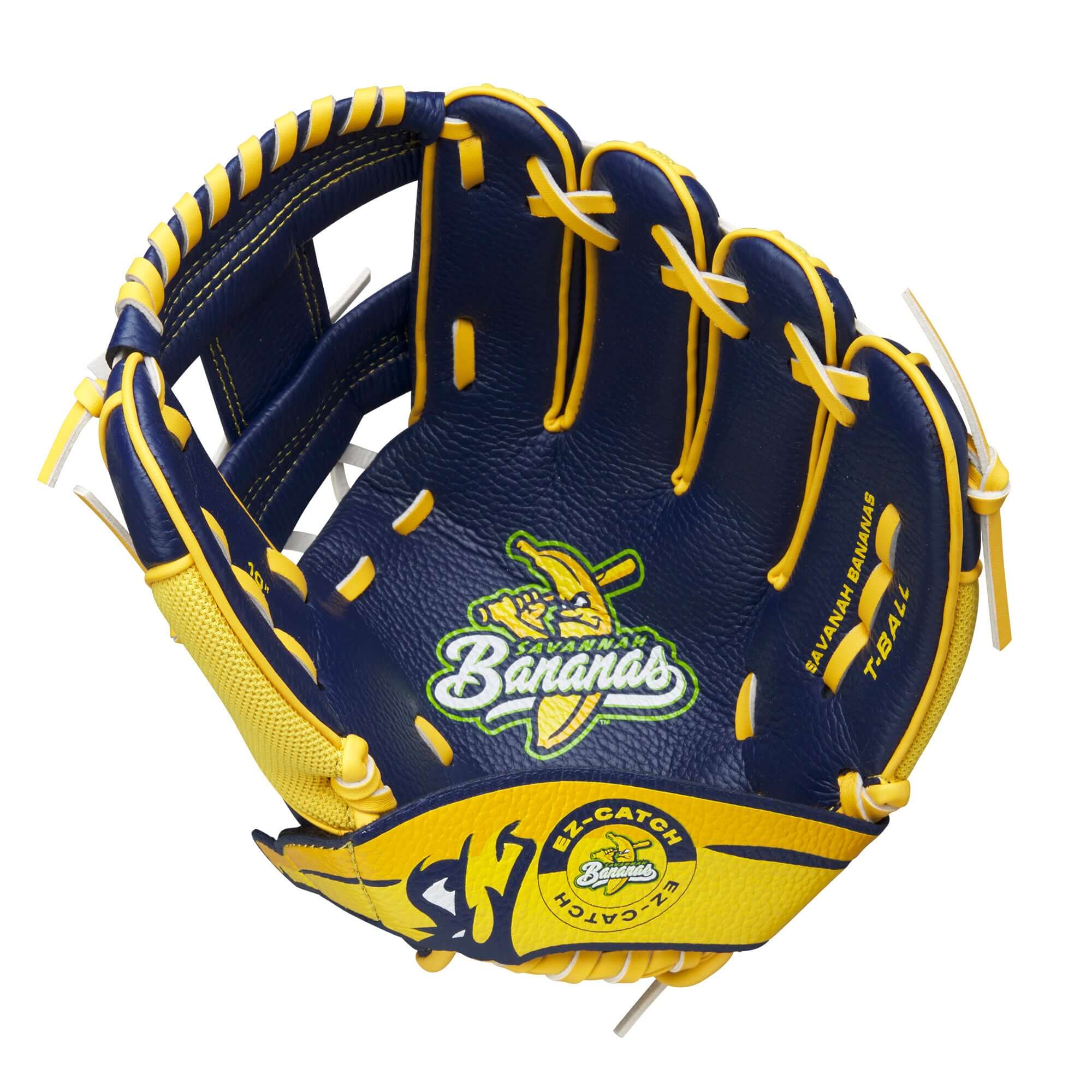 Wilson 2024 A200 EZ Catch Savannah Bananas 10" T-Ball Glove in yellow and navy blue with logo.