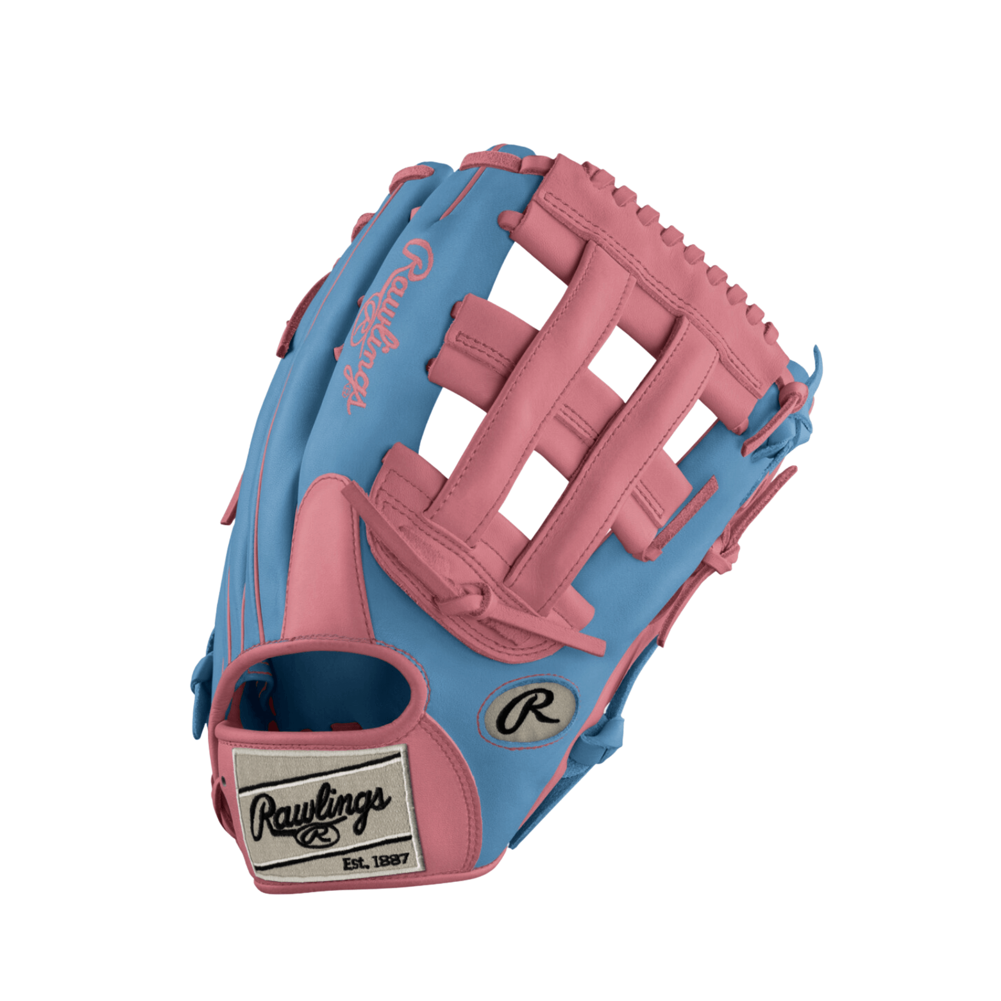Rawlings Custom Heart of the Hide 12 3/4 Cotton Candy Outfield Glove in blue and pink colors.