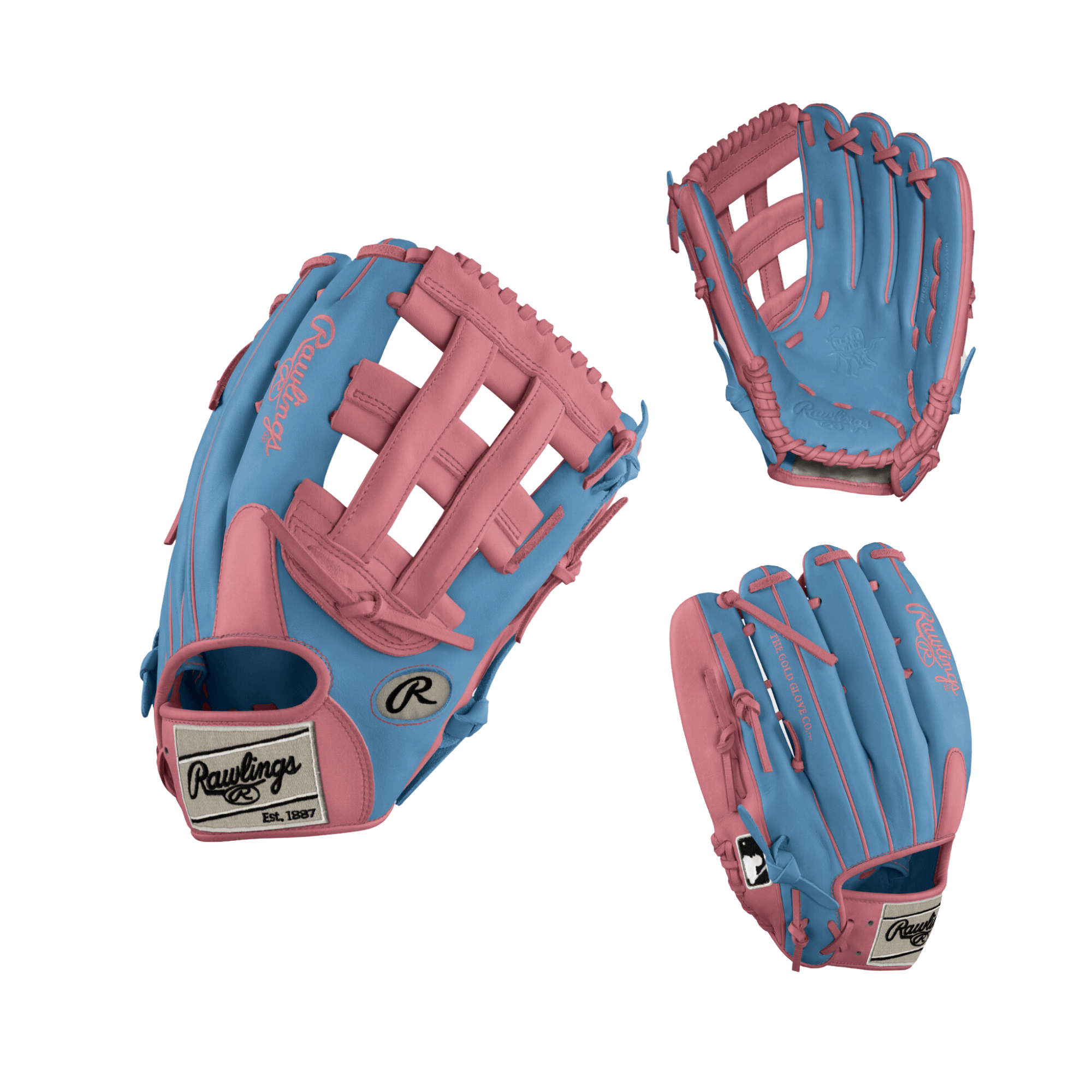 Rawlings Custom Heart of the Hide 12 3/4 Cotton Candy Outfield Glove in vibrant blue and pink colors.