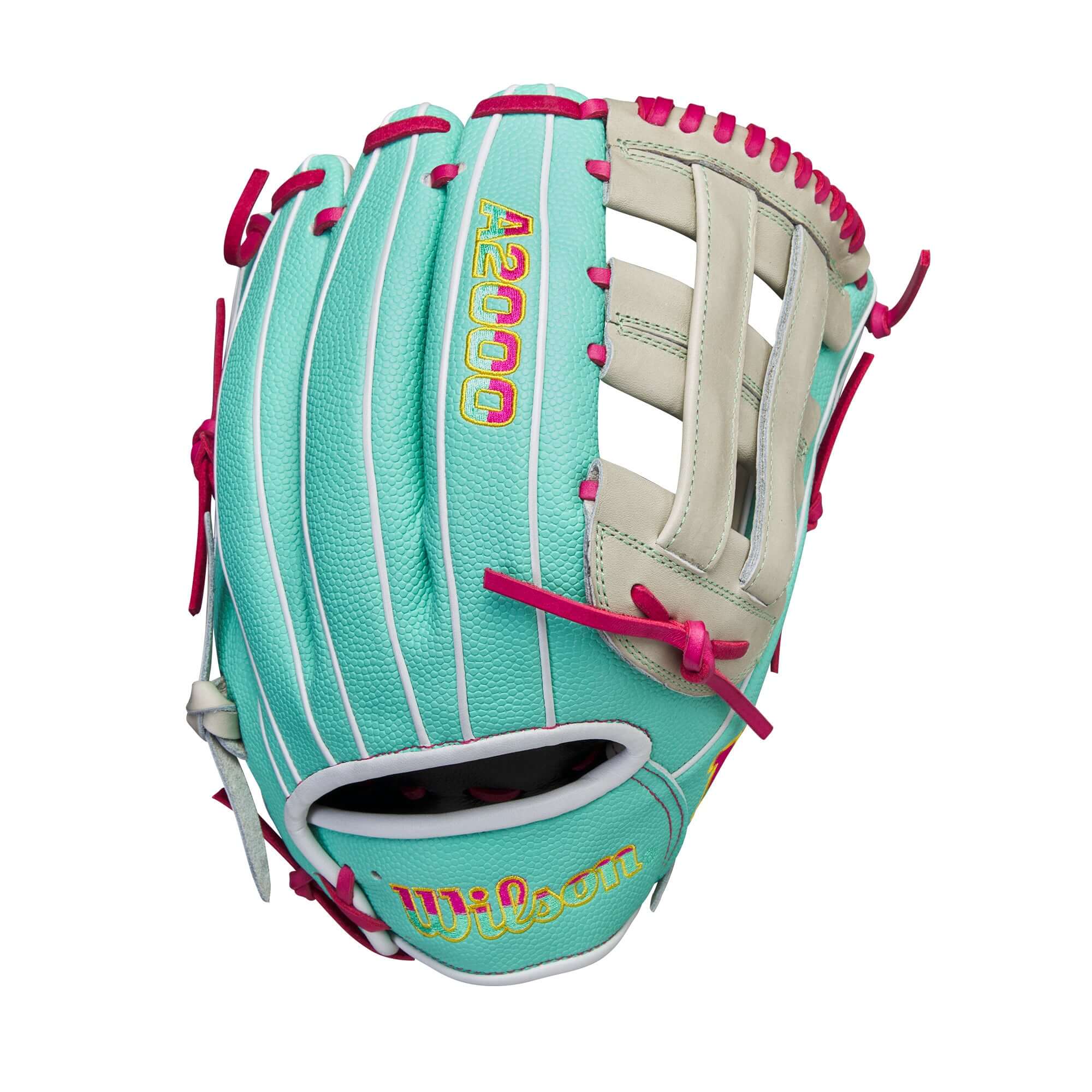 Wilson A2000 Glove of the Month for September 2023, featuring a vibrant teal and pink design for infielders.