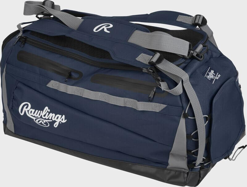 Navy Rawlings MACH duffle bag with bat sleeves and ample storage for sports gear. Perfect for traveling to the field.