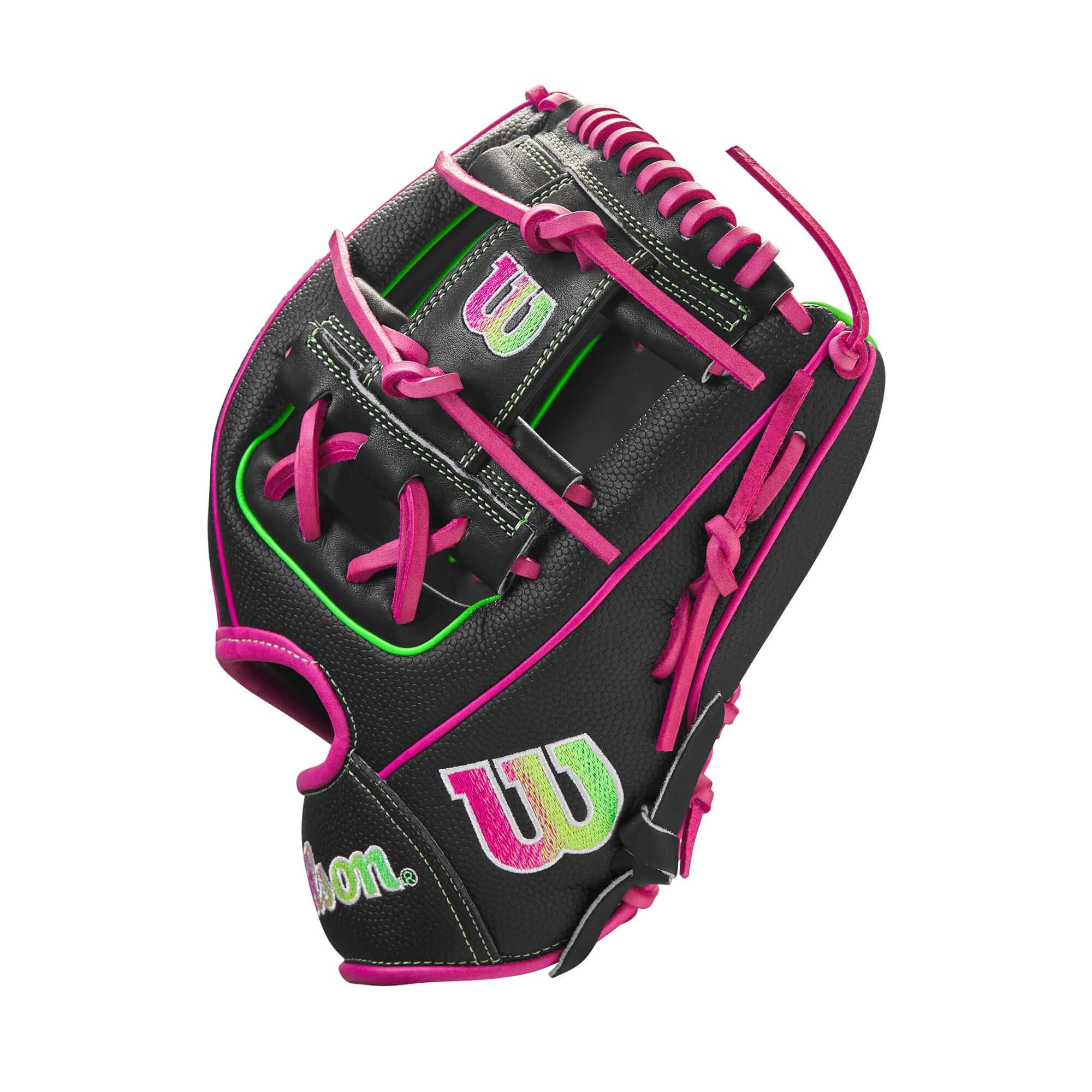 Wilson A2000 August 2023 GOTM 1975 Party Time glove in black with pink accents, 11.75" deep pocket design.