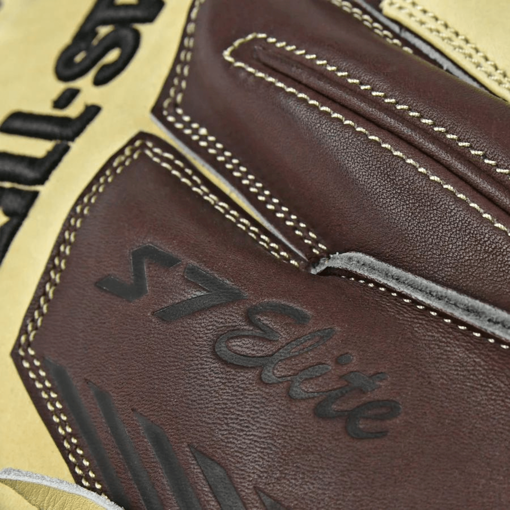 Close-up of All-Star S7 ELITE Catcher's Mitt showcasing rich mocha color and premium leather detailing.