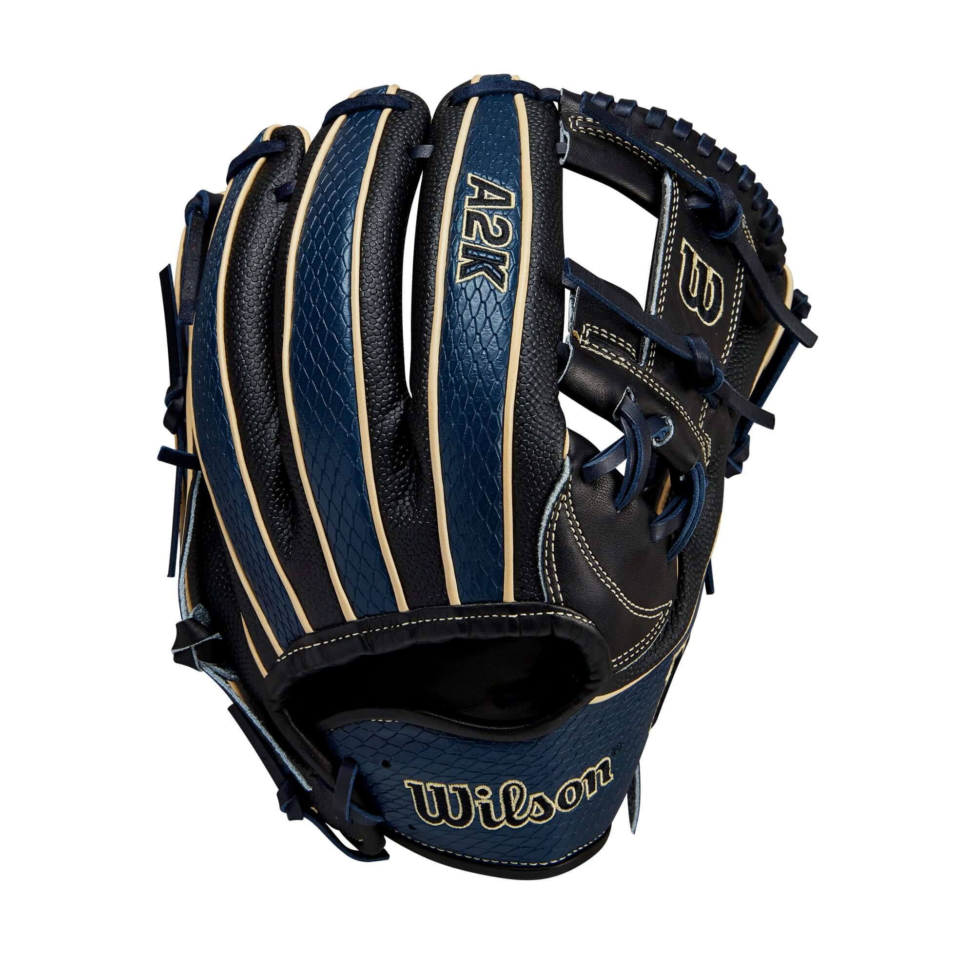 Wilson A2K Glove of the Month June 2023, 11.75" Navy/Black infield glove with secure fit and stylish design.