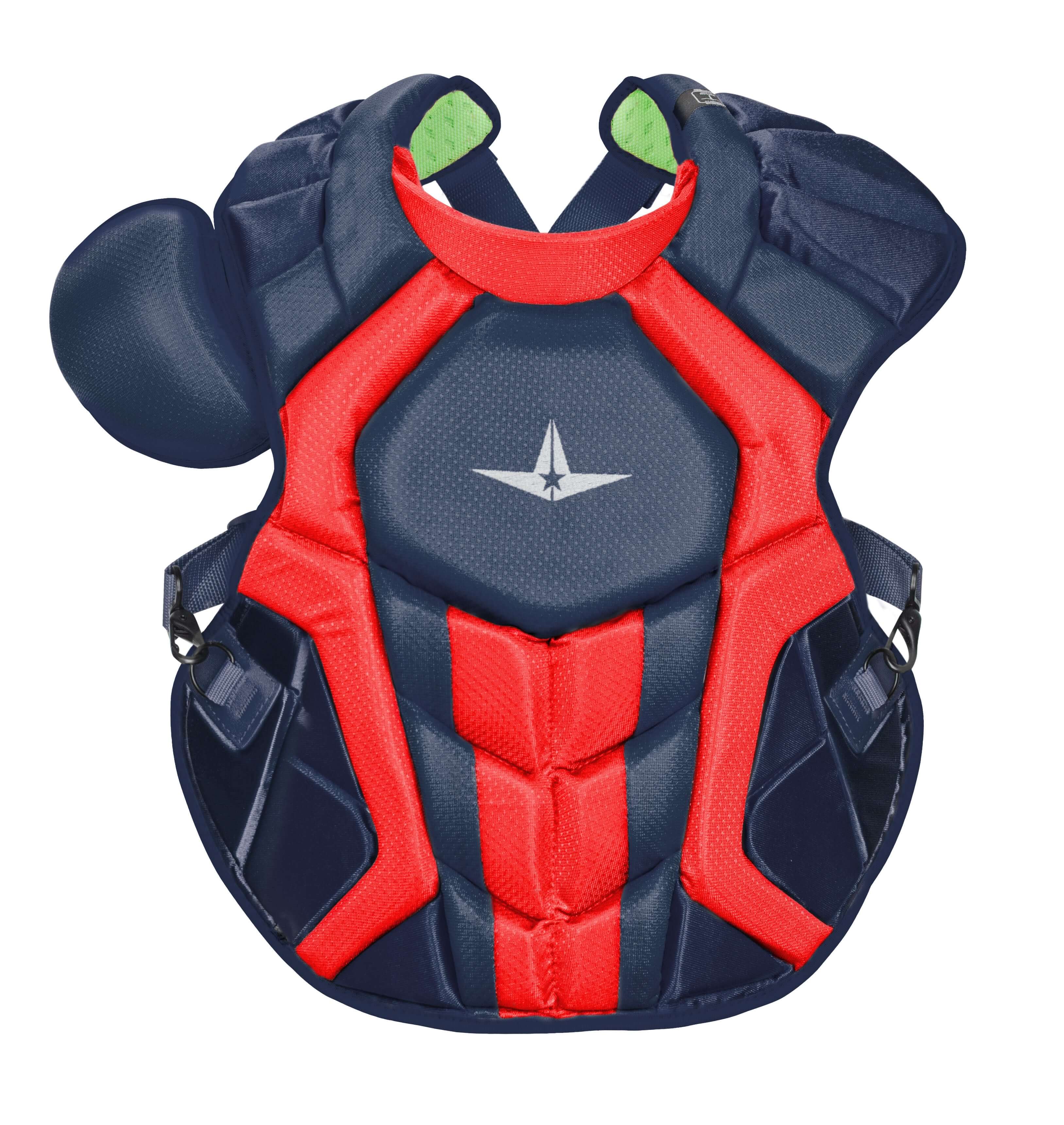All-Star S7 Chest Protector in navy and red, featuring NOCSAE compliance and protective molded components.