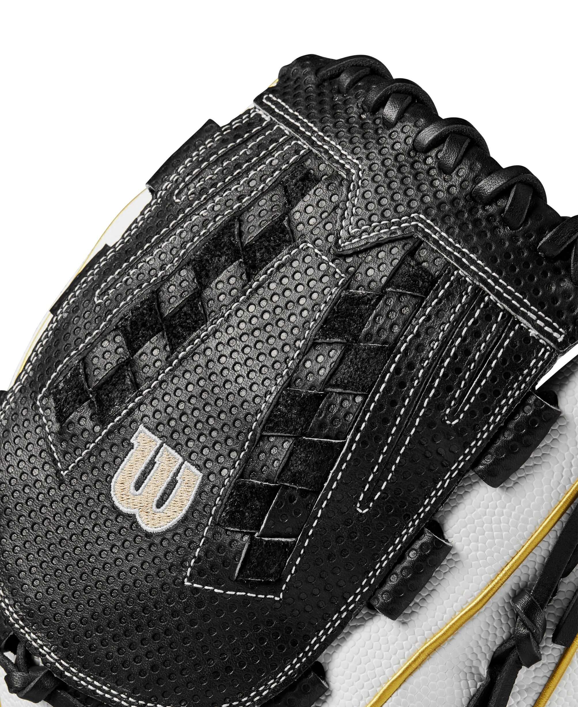Close-up of the Wilson 2024 A2000 FP SCV125SS glove showcasing Spin Control Technology texture in black and white colors.