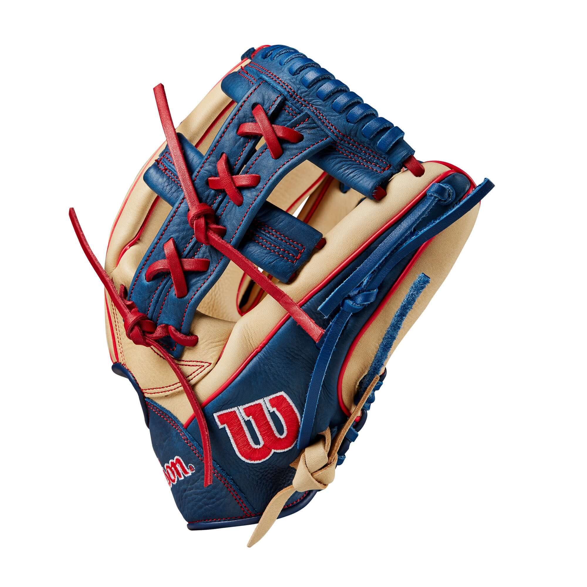 Wilson 2024 A1000 1912 12" infield baseball glove in blonde, navy, and red leather with Cross Web design.