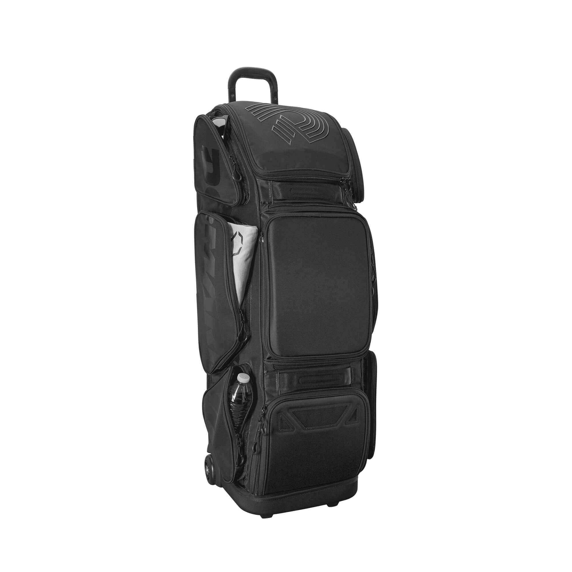 DeMarini Special Ops Front Line Wheeled Bag in black, featuring multiple compartments for gear and bats.