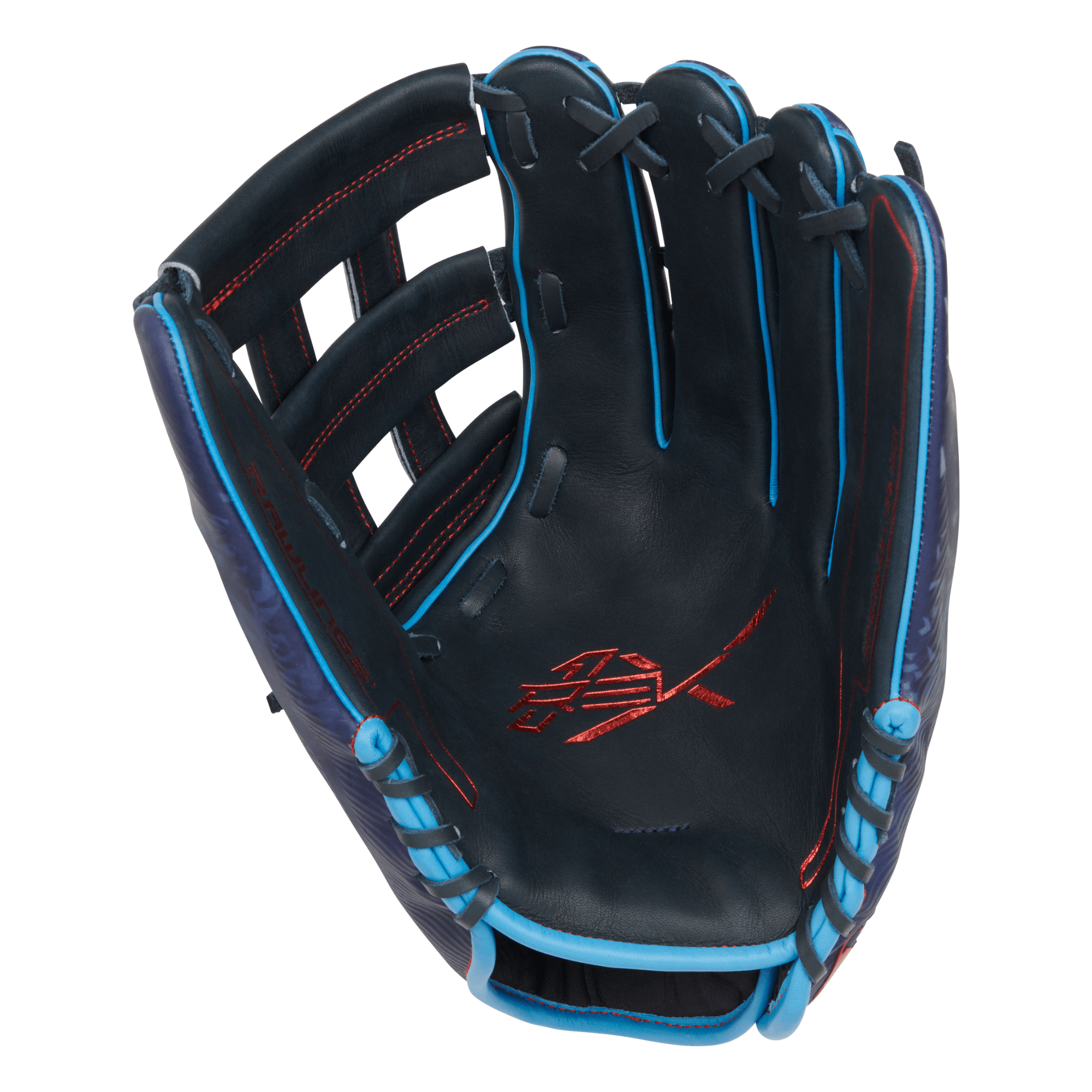 Rawlings REV1X Series 12.75-inch baseball glove featuring navy and white colorway with black leather palm.