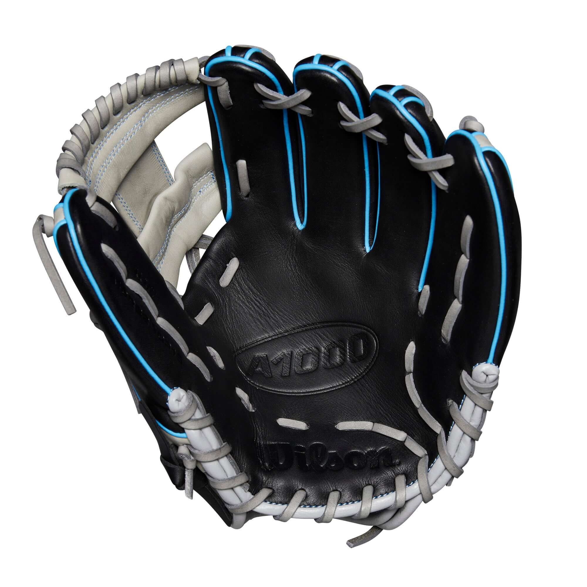 Wilson A1000 DP15 black and grey baseball glove with cool blue and pink accents, 11.5" ideal for young infielders.