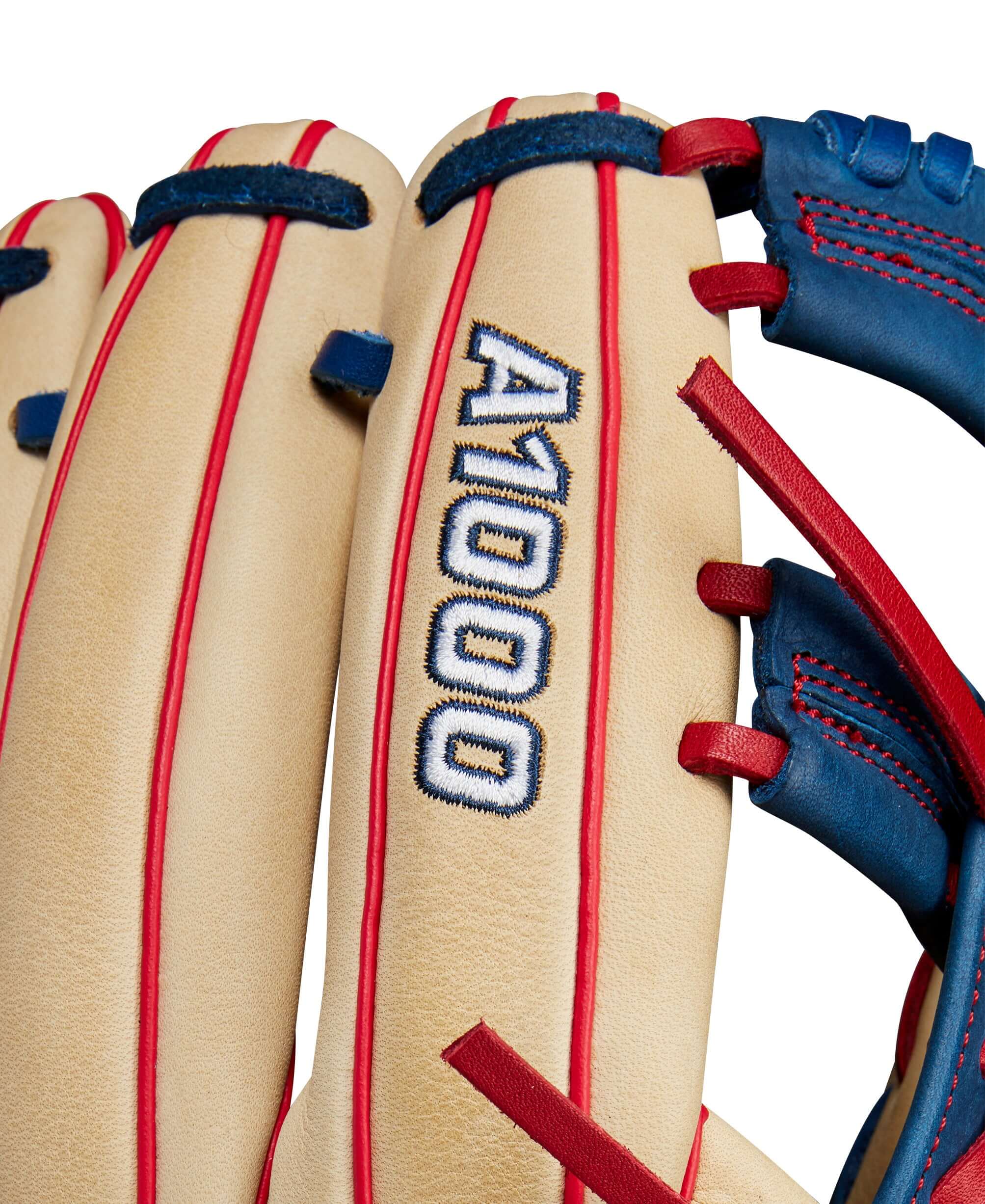 Wilson A1000 1912 infield baseball glove showing craftsmanship in Blonde and Navy leather with signature design details.