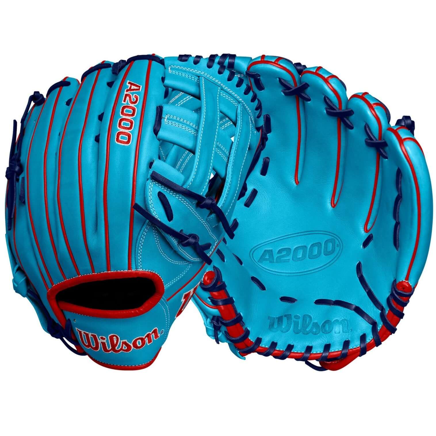 Wilson A2000 1750 outfield baseball glove in tropical blue and red, 12.5" LHT for improved control and fit.