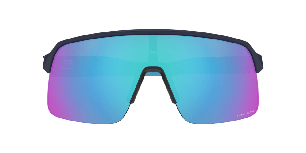 Front view of Oakley Sutro Lite sunglasses with blue-to-pink gradient lenses and black semi-rimless frame.
