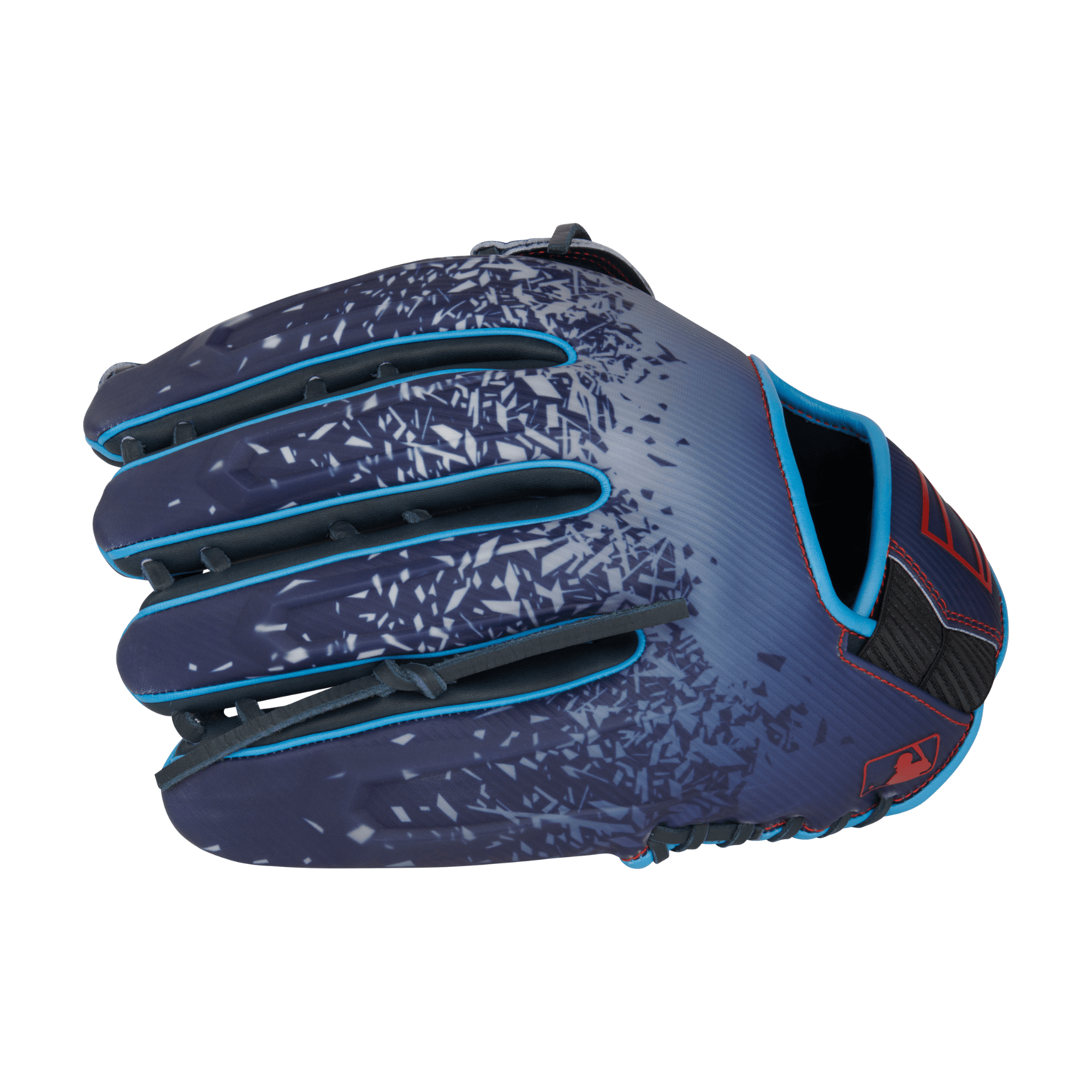 Rawlings REV1X Series 12.75" baseball glove in navy and white, showcasing a sleek design for outfield performance.