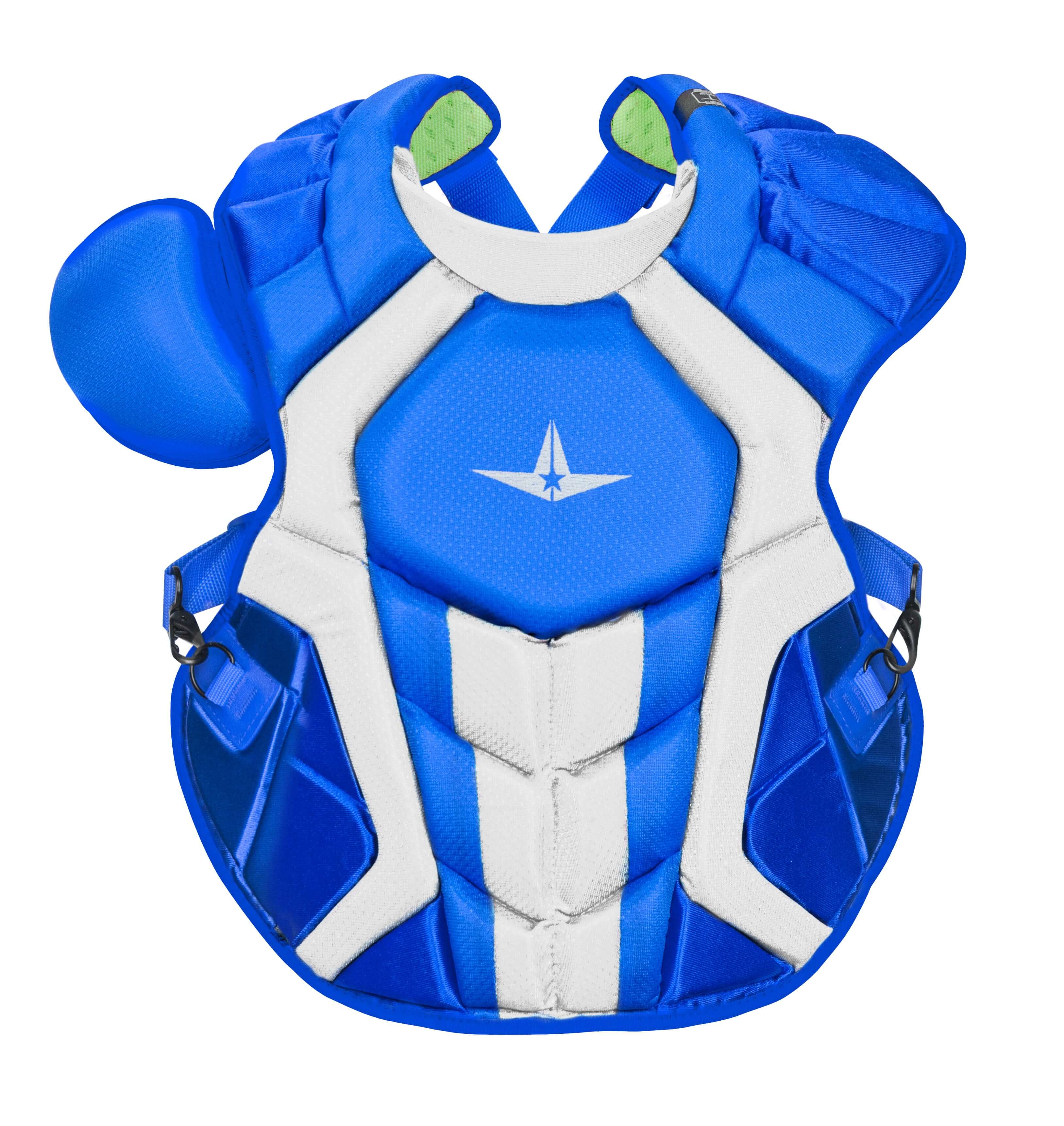 All-Star S7 Axis CC chest protector in blue with white accents, meets NOCSAE standards, designed for adult athletes.