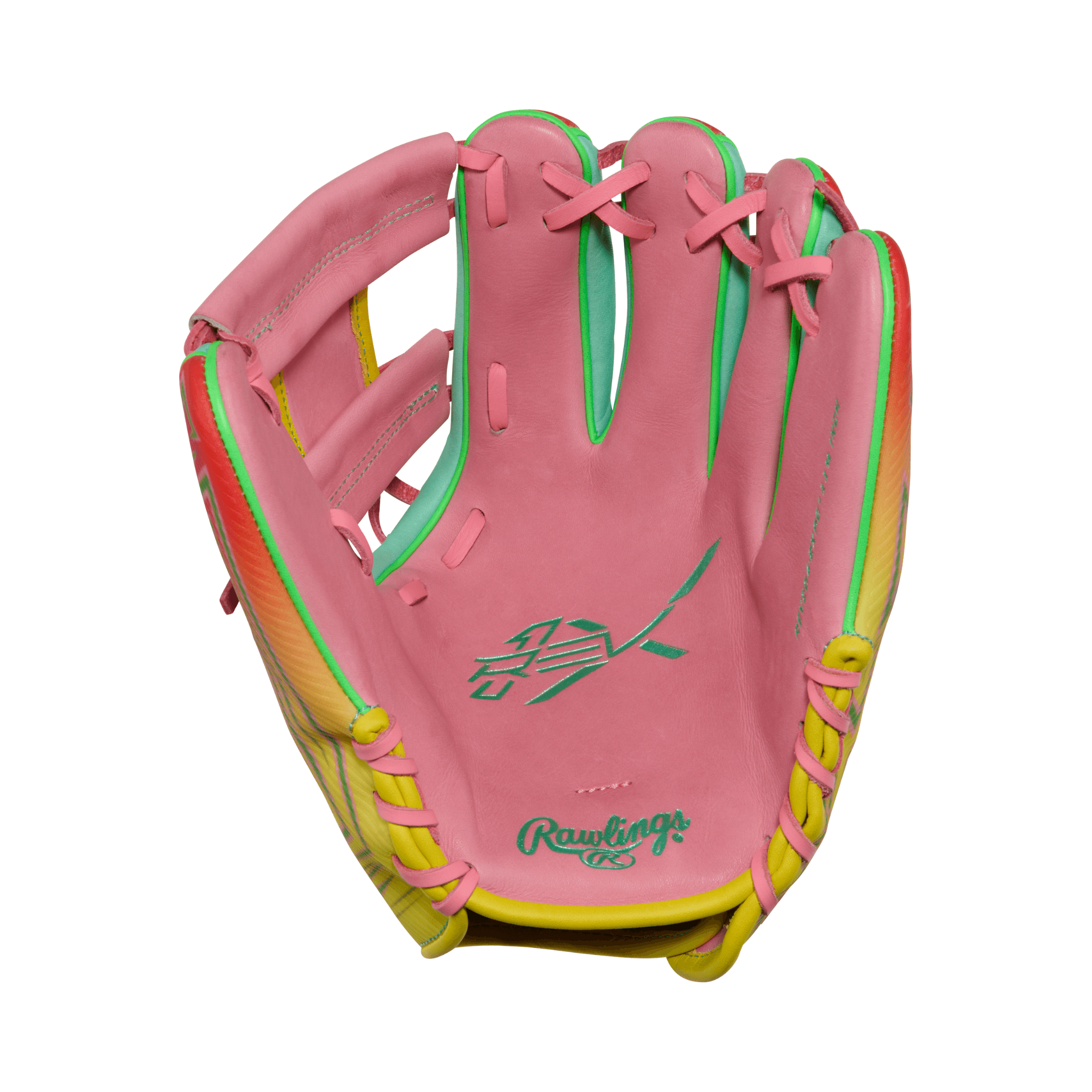 Palm View of Rawlings REV1X Series Infield Baseball Glove 11.5 Inch - Soft Pink with Yellow Laces