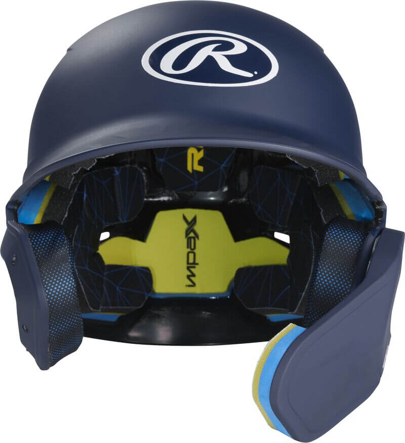 Rawlings Mach Adjust right handed batting helmet interior view showcasing its adjustable padding and protective design.
