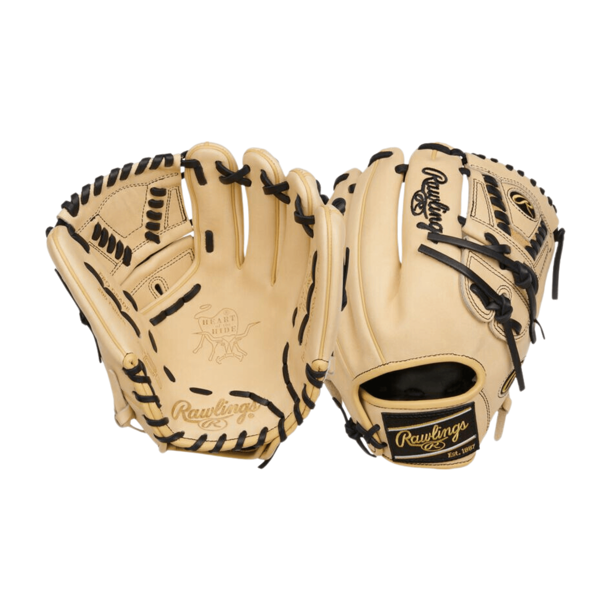 Rawlings Heart of the Hide 11.75" infield/pitchers glove in camel and black leather with solid web design.