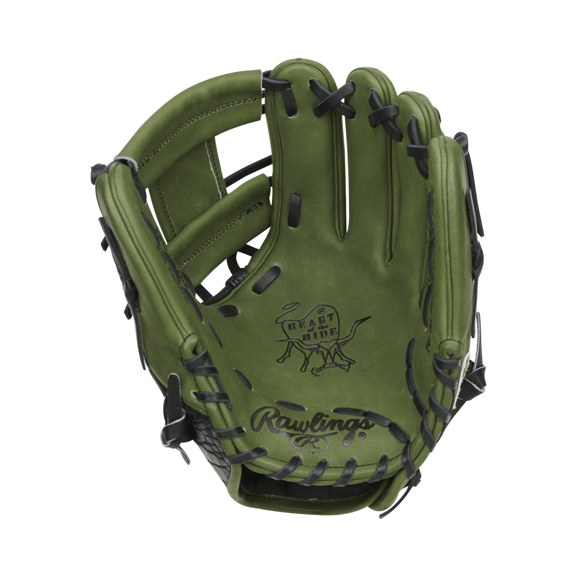 Rawlings Heart of the Hide Color Sync 8.0 baseball glove in military green with black trim, 11.5 inches, unique style.