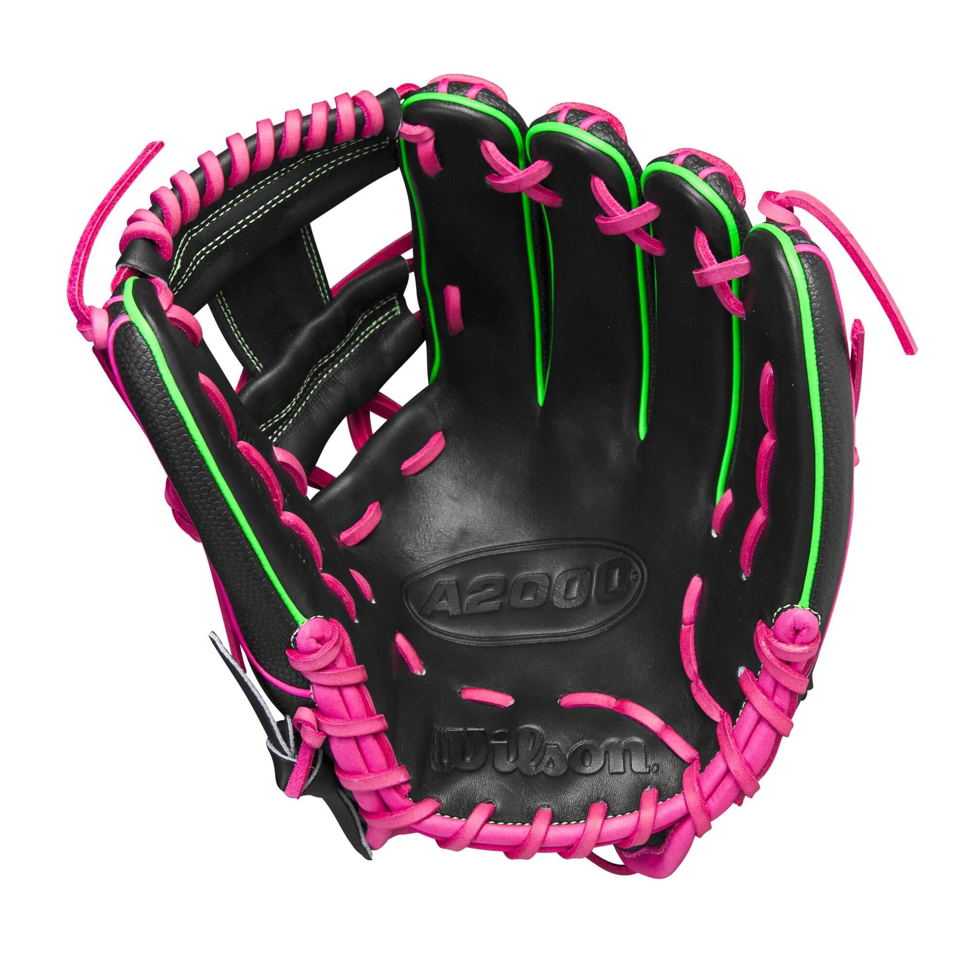Wilson A2000 1975 Party Time glove in black leather with pink and green accents, 11.75" deep pocket design.