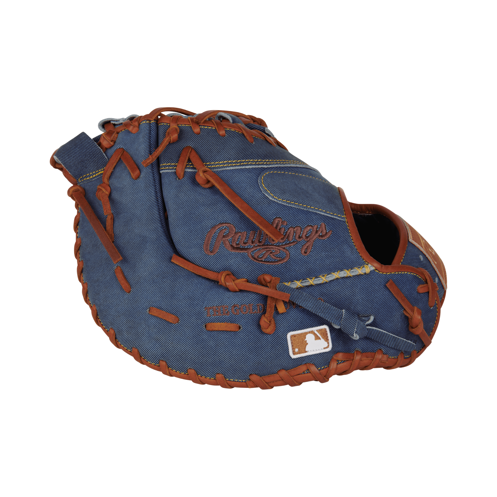 Rawlings Heart of the Hide Denim Edition First Base Mitt 13" LHT featuring denim-like finish and brown stitching.