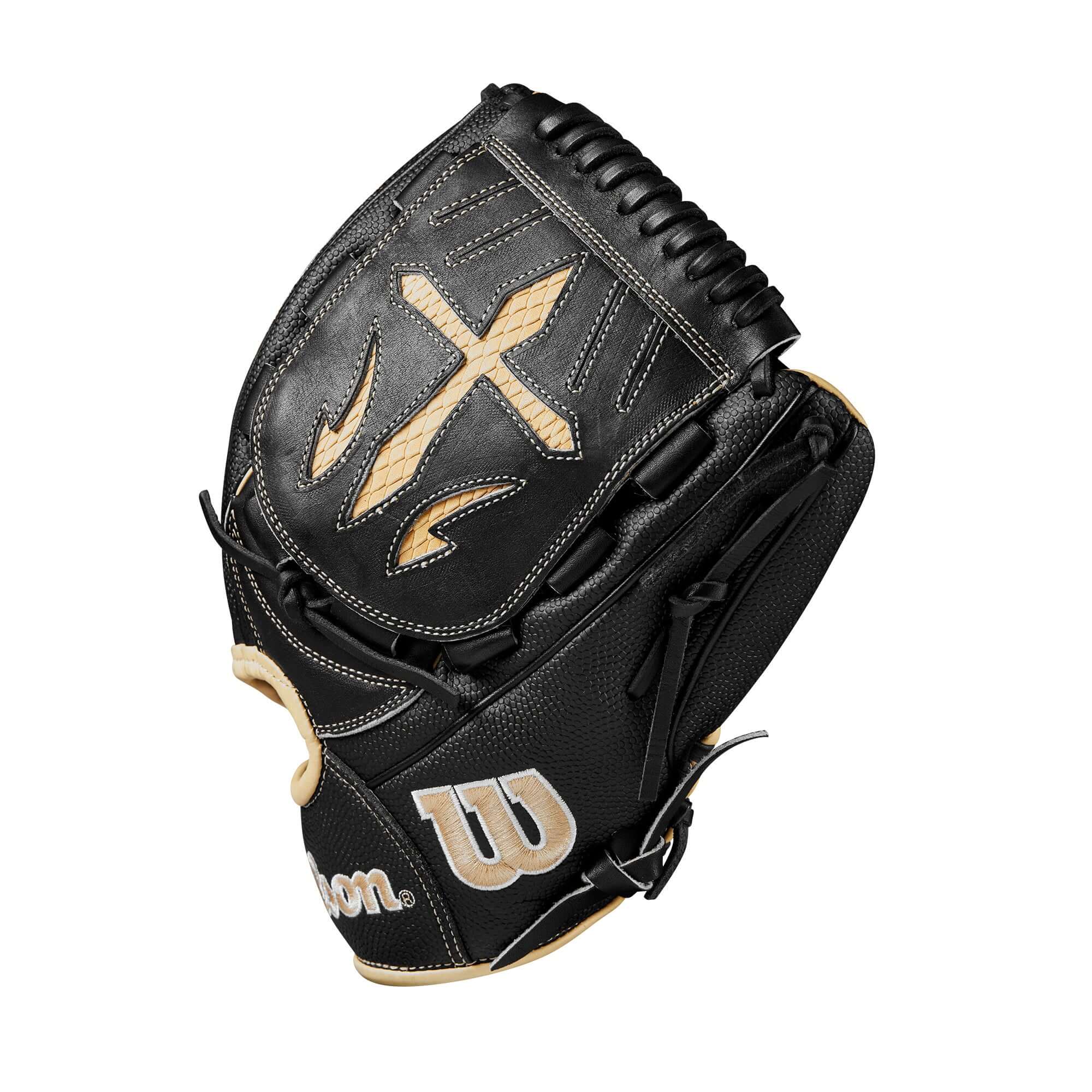 Wilson 2024 A2000 B23 Saddle Tan/Black 12" Pitcher's Baseball Glove with modified wrist strap for a secure fit.