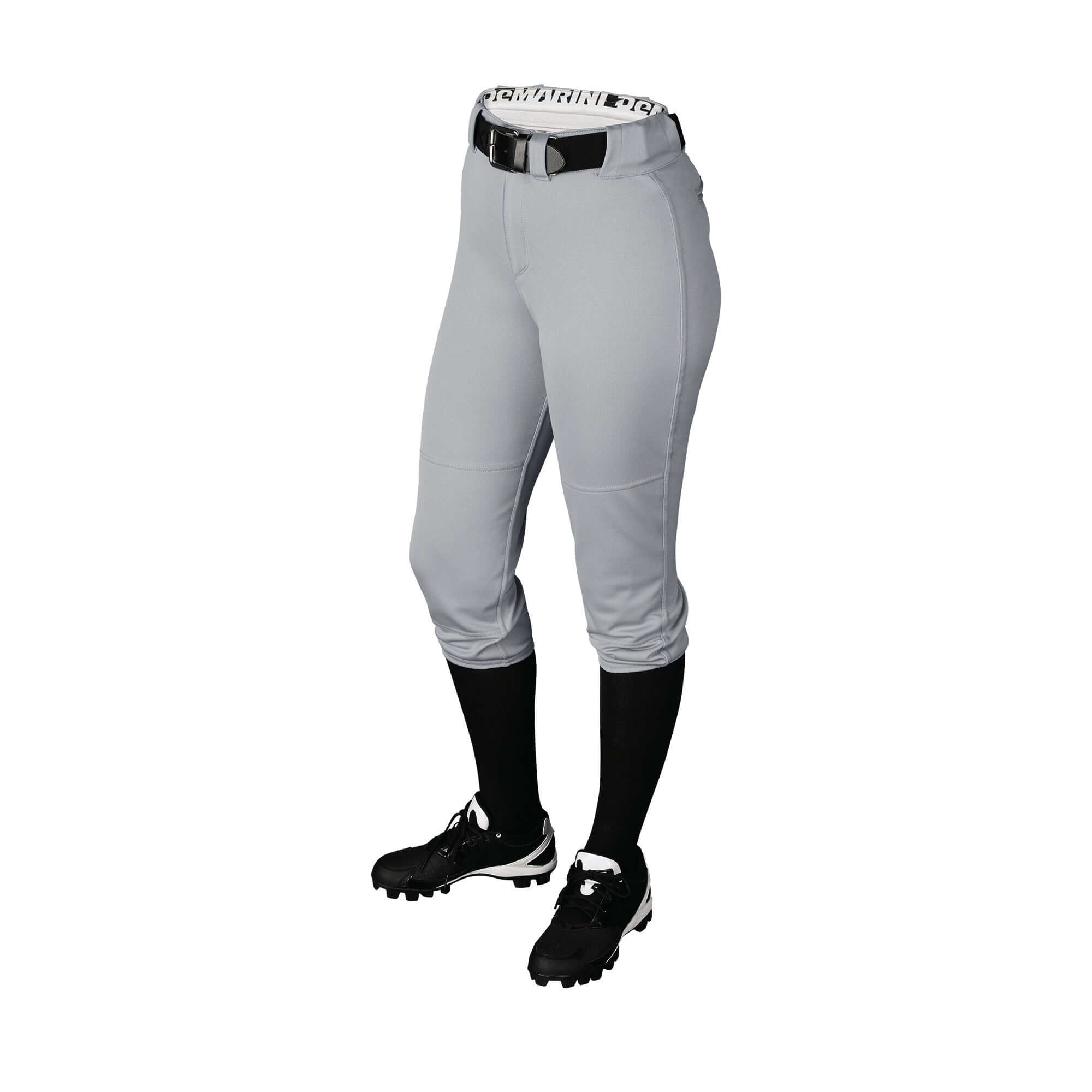 Side view of DeMarini Womens Fierce Softball Pant Grey with black belt and cleats