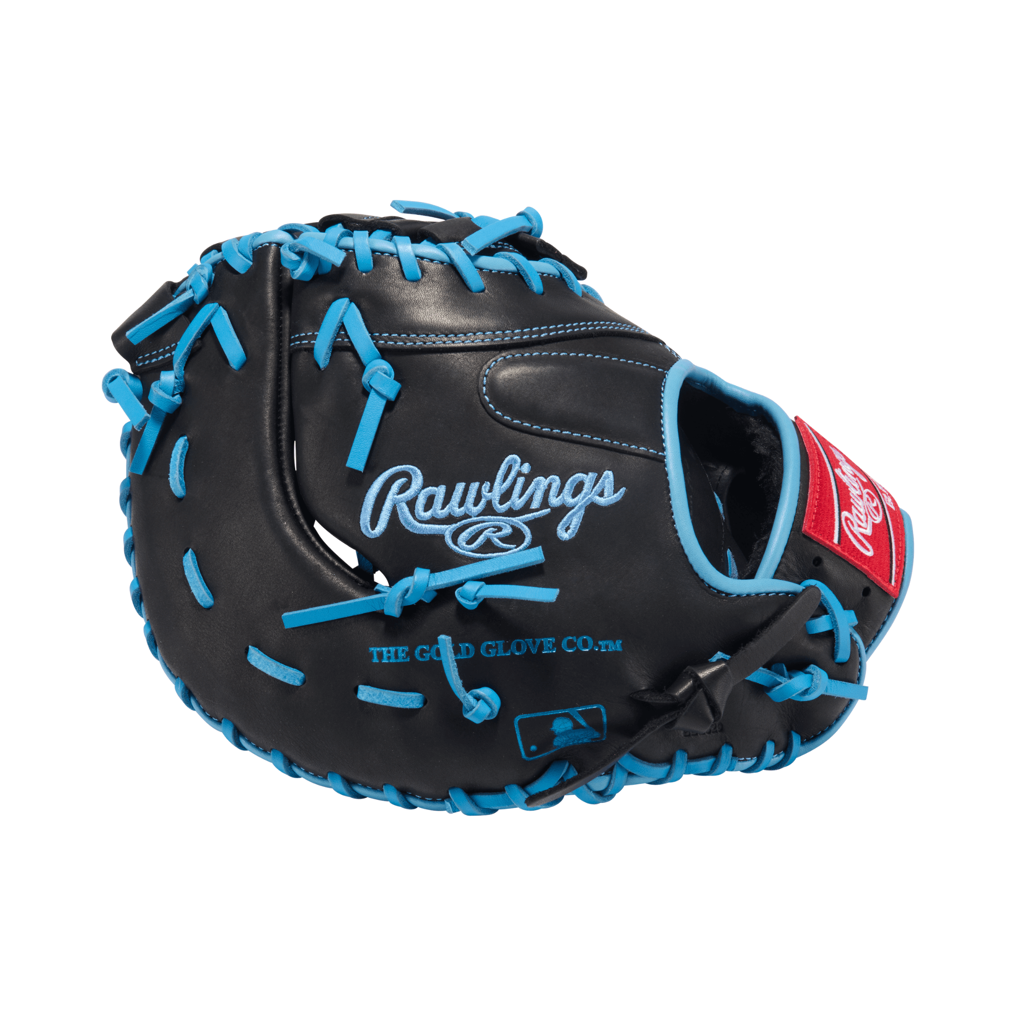 Rawlings R9 13" First Base Mitt in black and blue, designed for optimal performance in baseball.