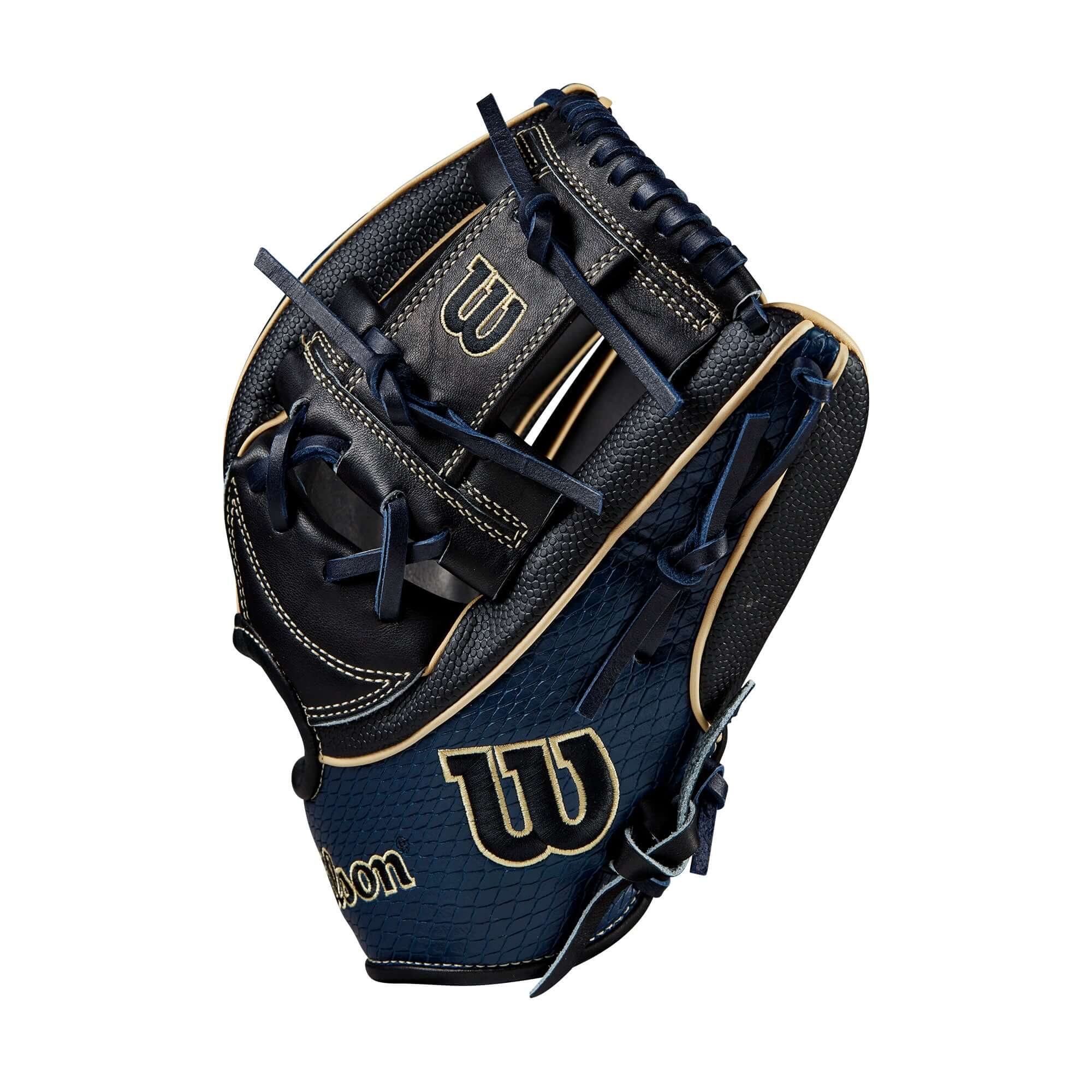 Wilson A2K 1723 Glove June 2023, Navy/Black, 11.75", designed for shortstops, featuring custom SuperSnakeSkin™ leather.