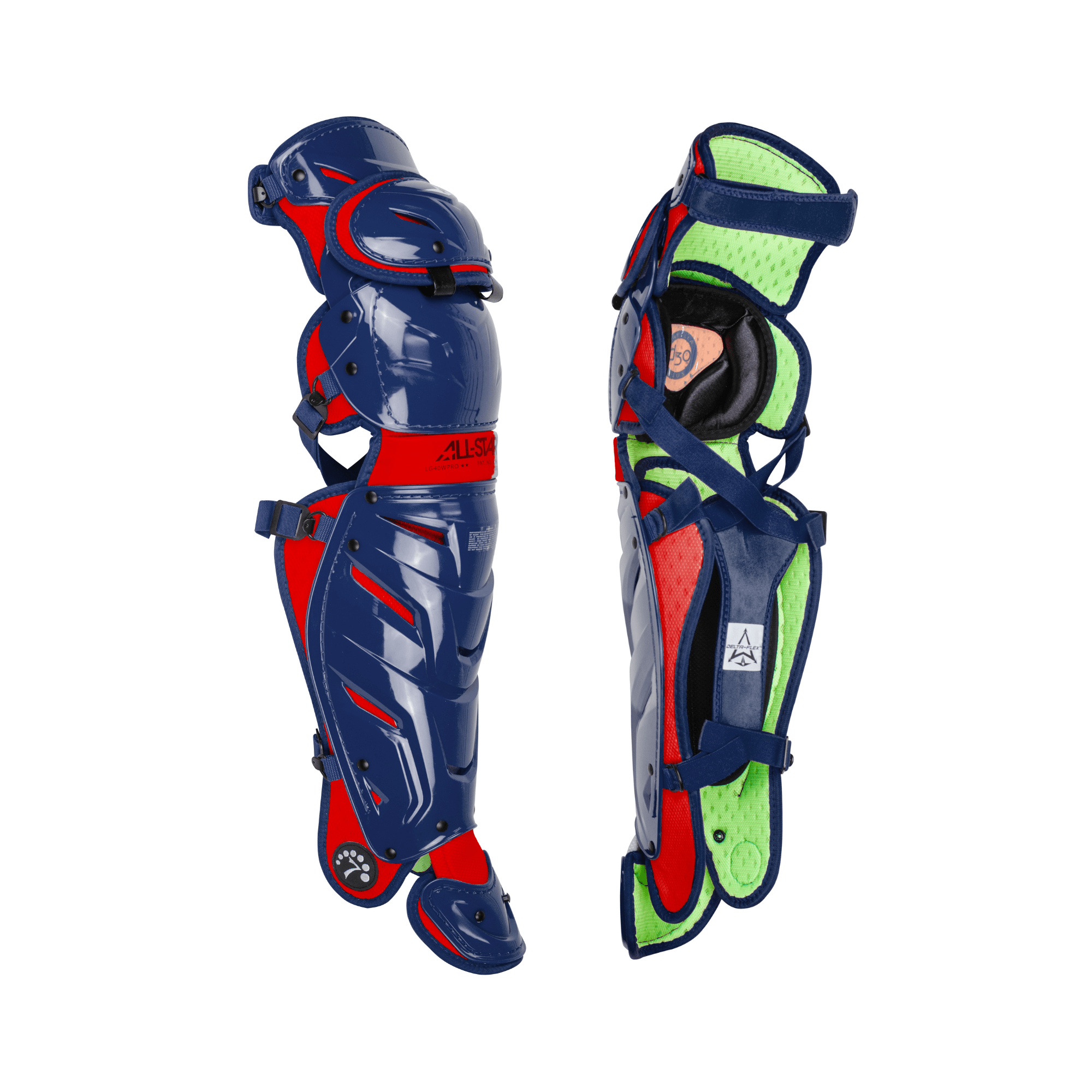 All-Star S7 leg guards featuring a two-tone design and LINQ™ hinge for enhanced mobility and comfort for adult catchers.