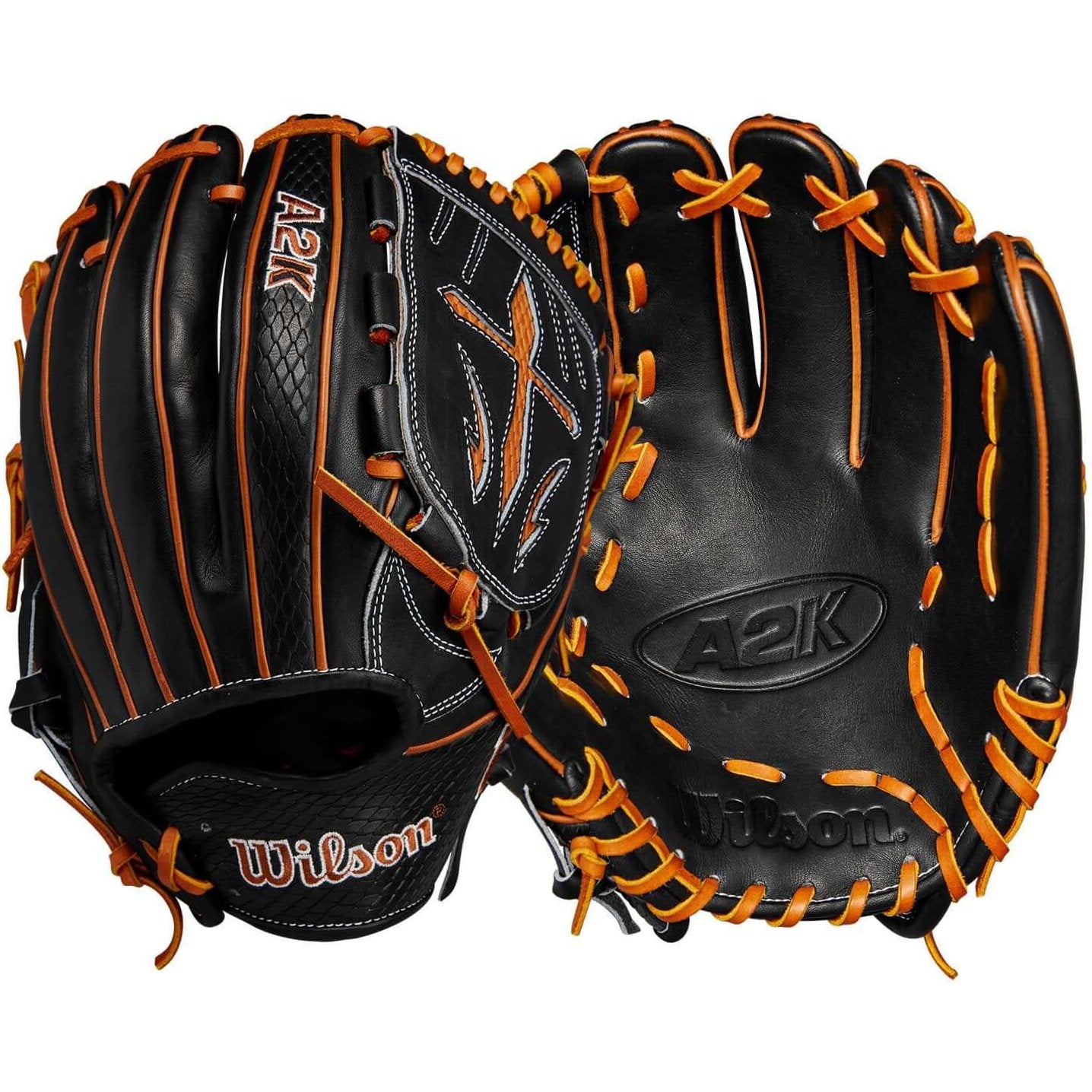 Wilson A2K B23 12" Pitcher's Baseball Glove in black and orange, showcasing premium craftsmanship and style.