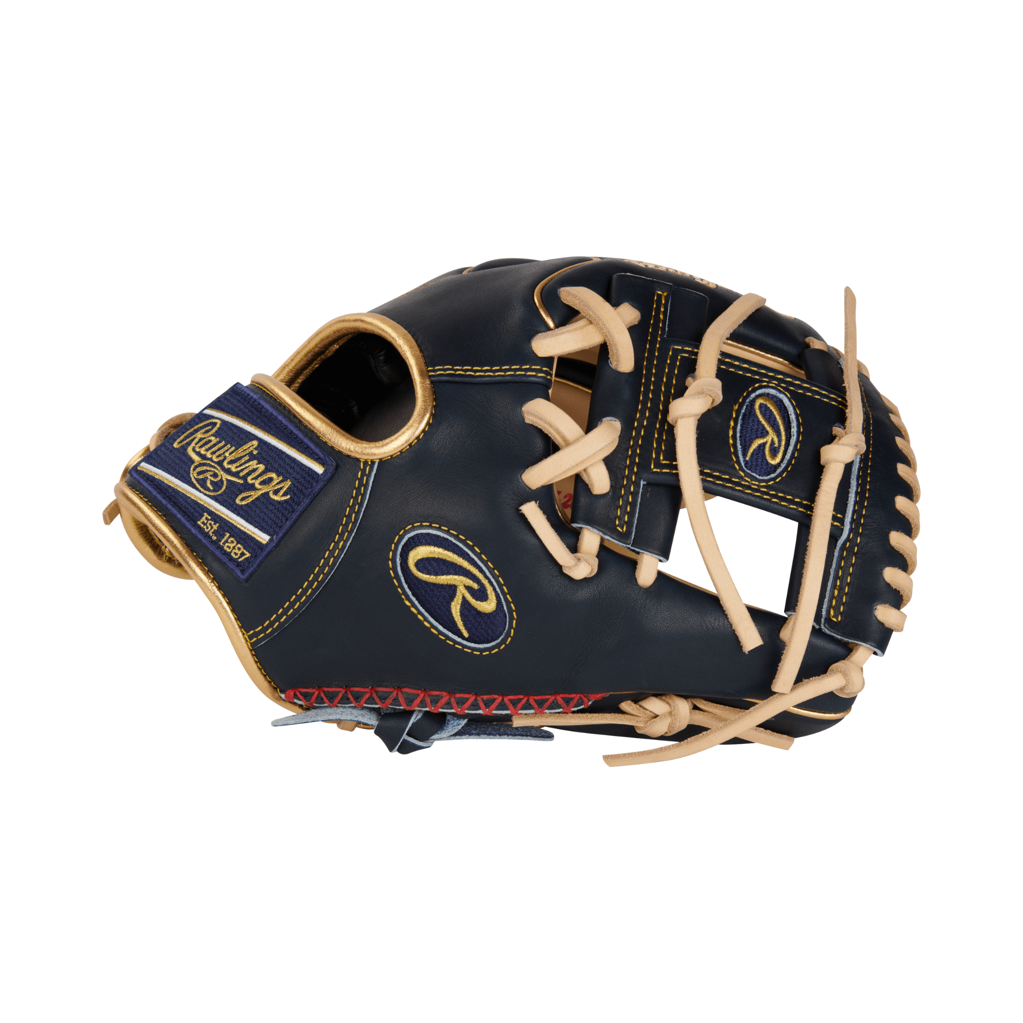 Rawlings Pro Preferred Series 11.5" baseball glove in navy leather with gold accents and tan lacing, ideal for infield play.